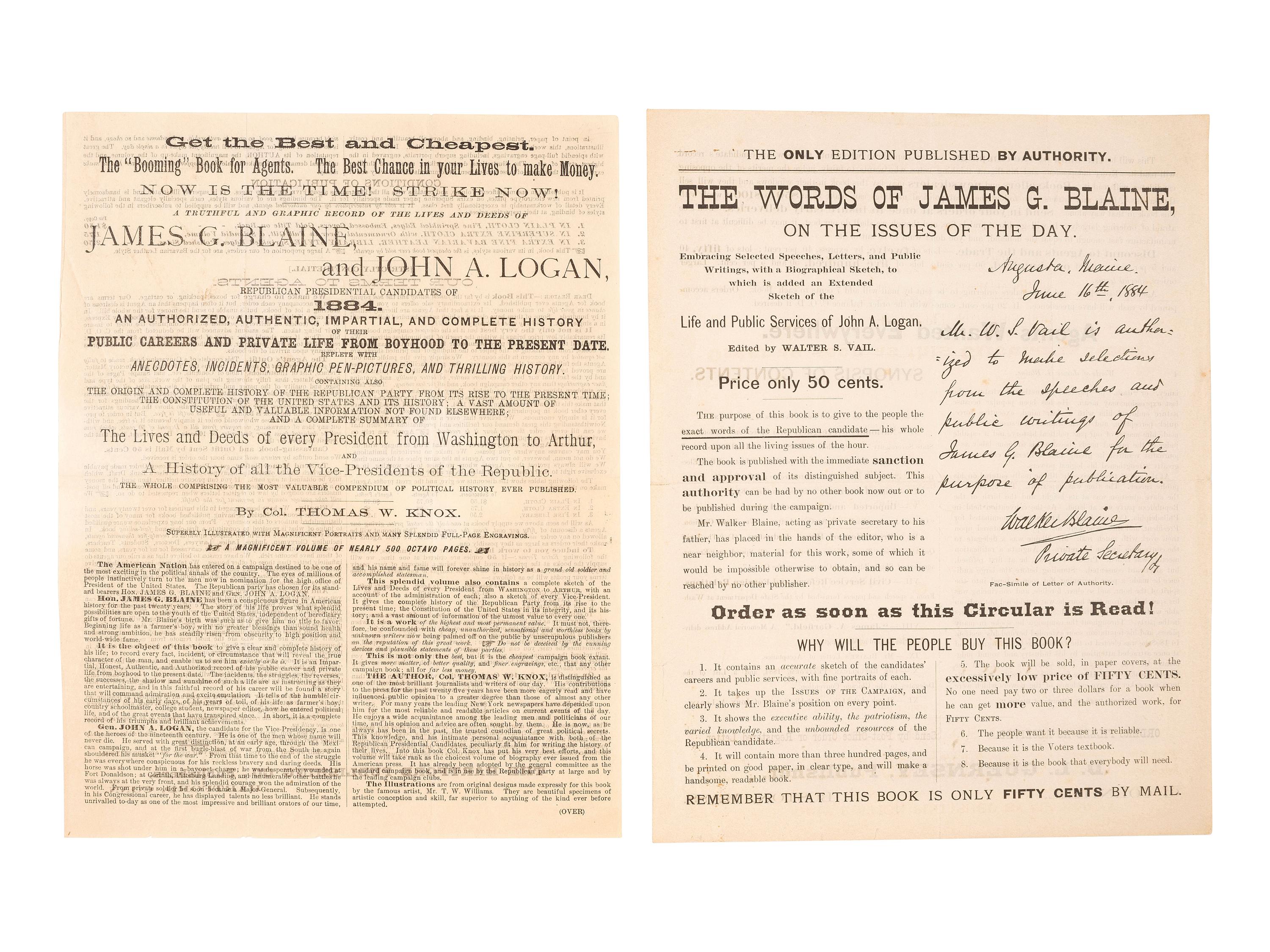 [1884 ELECTION]. -- [BLAINE, James G.]. Broadsides from the 1884 Blaine and Logan campaign, comprising: