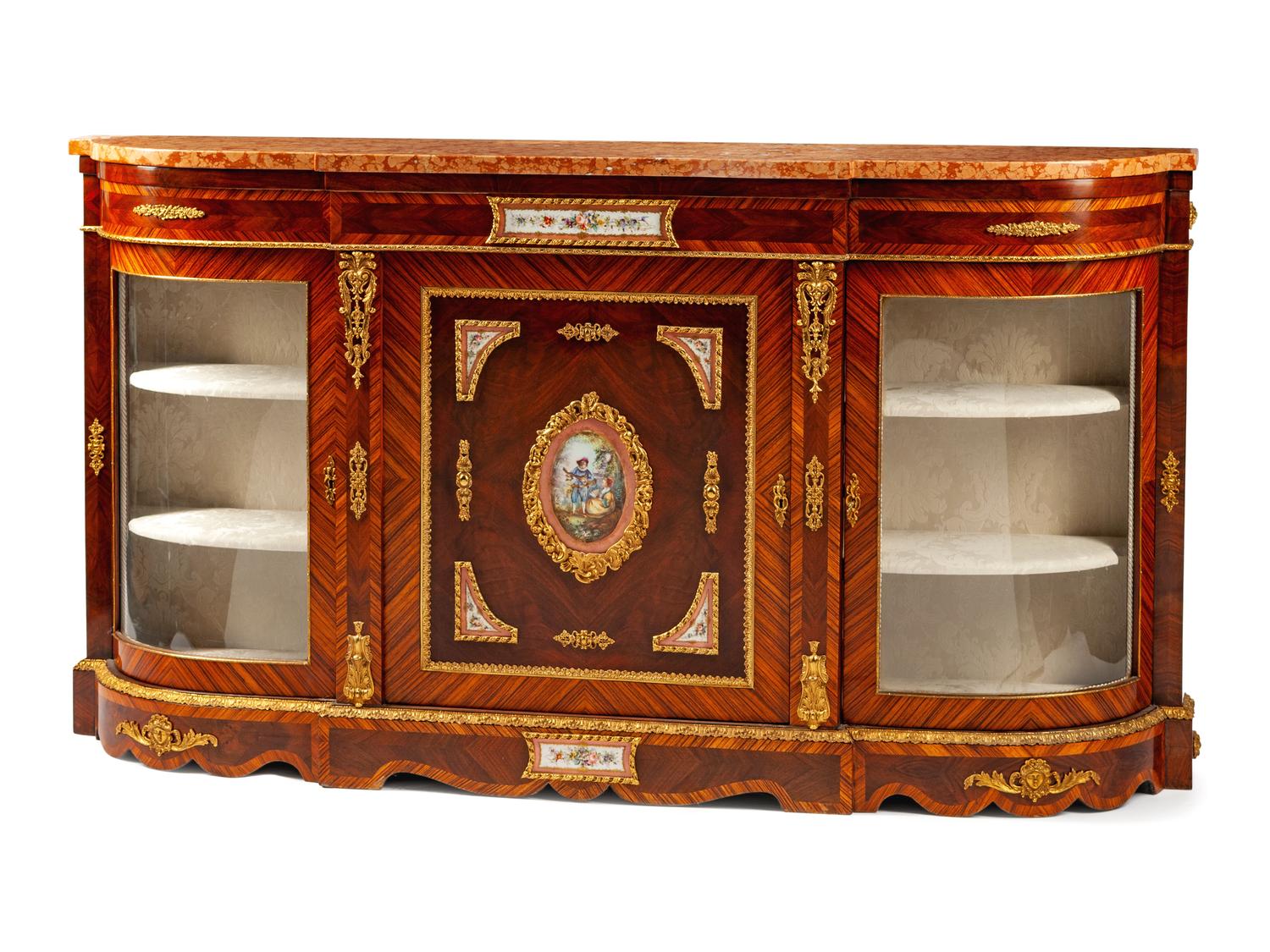 A Pair of French Gilt Metal and Painted Porcelain Mounted Marble-Top Console Cabinets