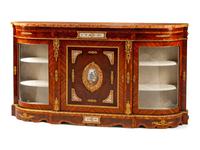 A Pair of French Gilt Metal and Painted Porcelain Mounted Marble-Top Console Cabinets