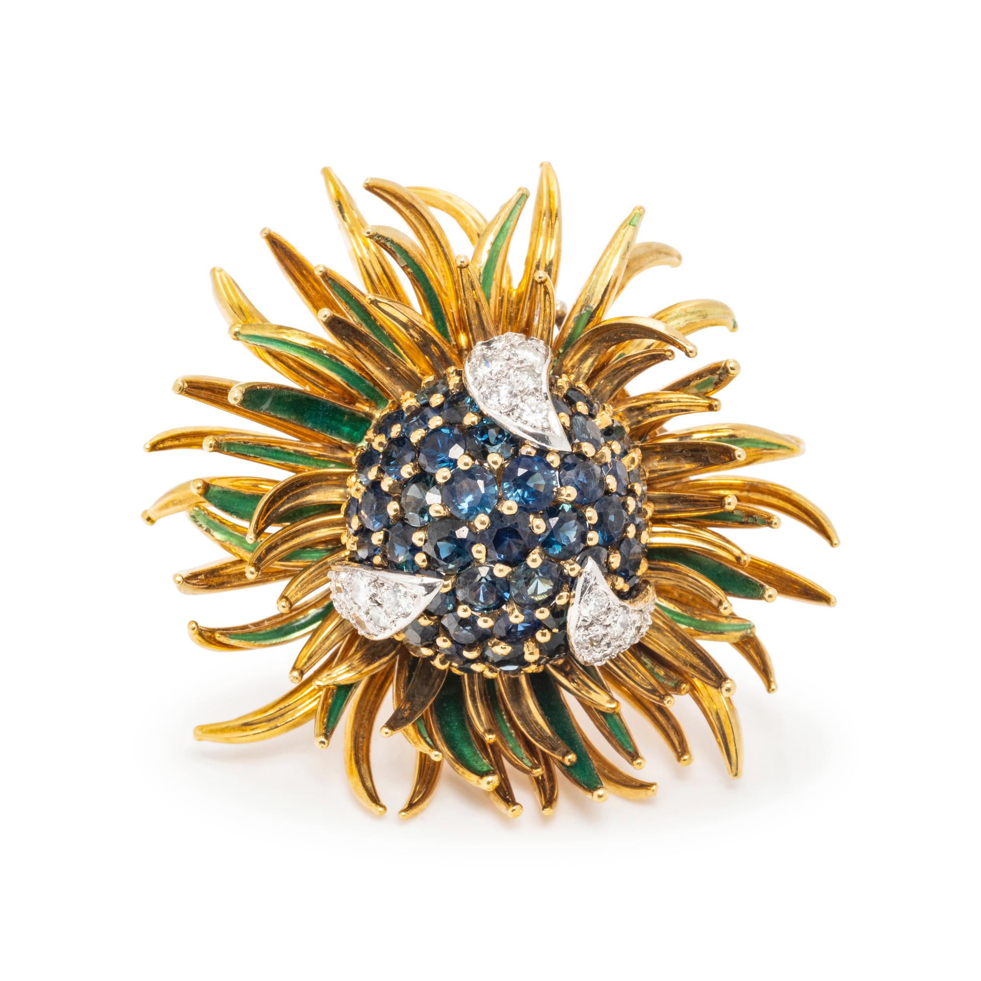 CARTIER, YELLOW GOLD, SAPPHIRE, DIAMOND AND ENAMEL BROOCH