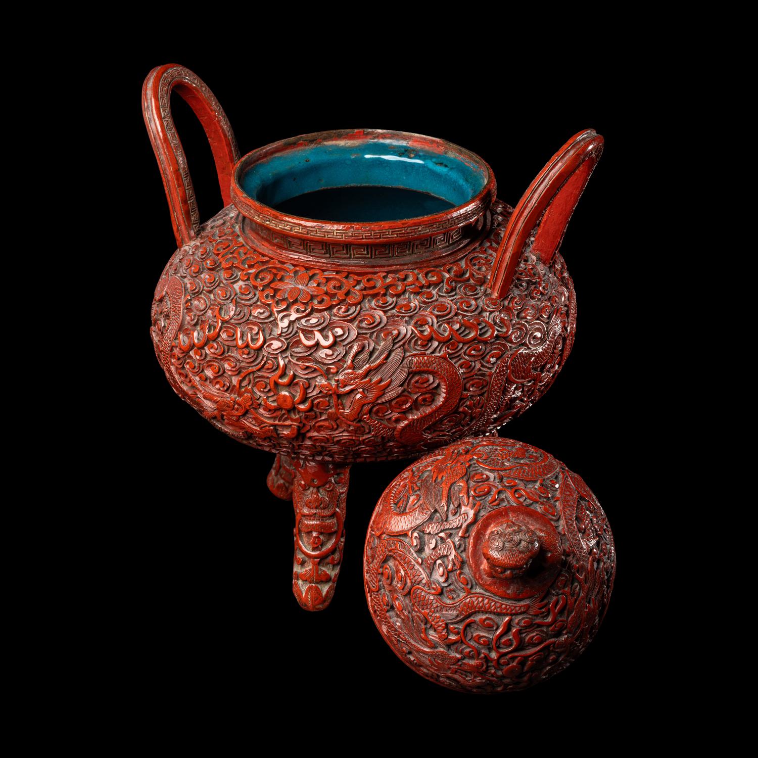 A Chinese Cinnabar Lacquer on Metal Covered Ding Vessel, Late Qing/Republic Period 晚清/民國 銅胎剔紅龍紋鼎