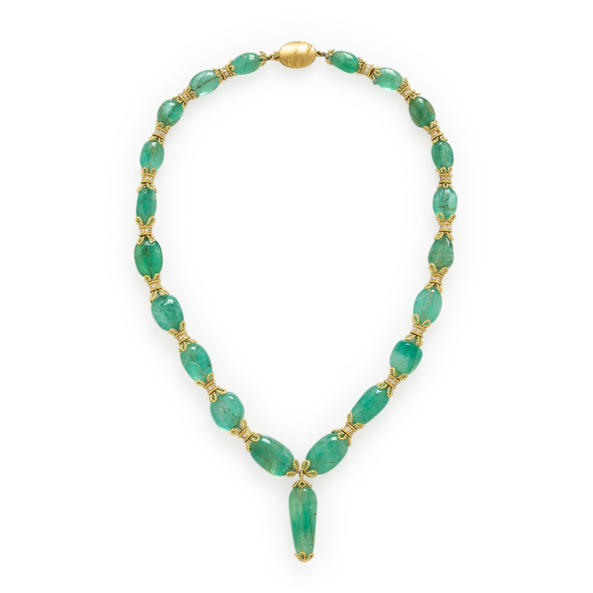 Emerald Bead, Diamond, and Yellow Gold Necklace