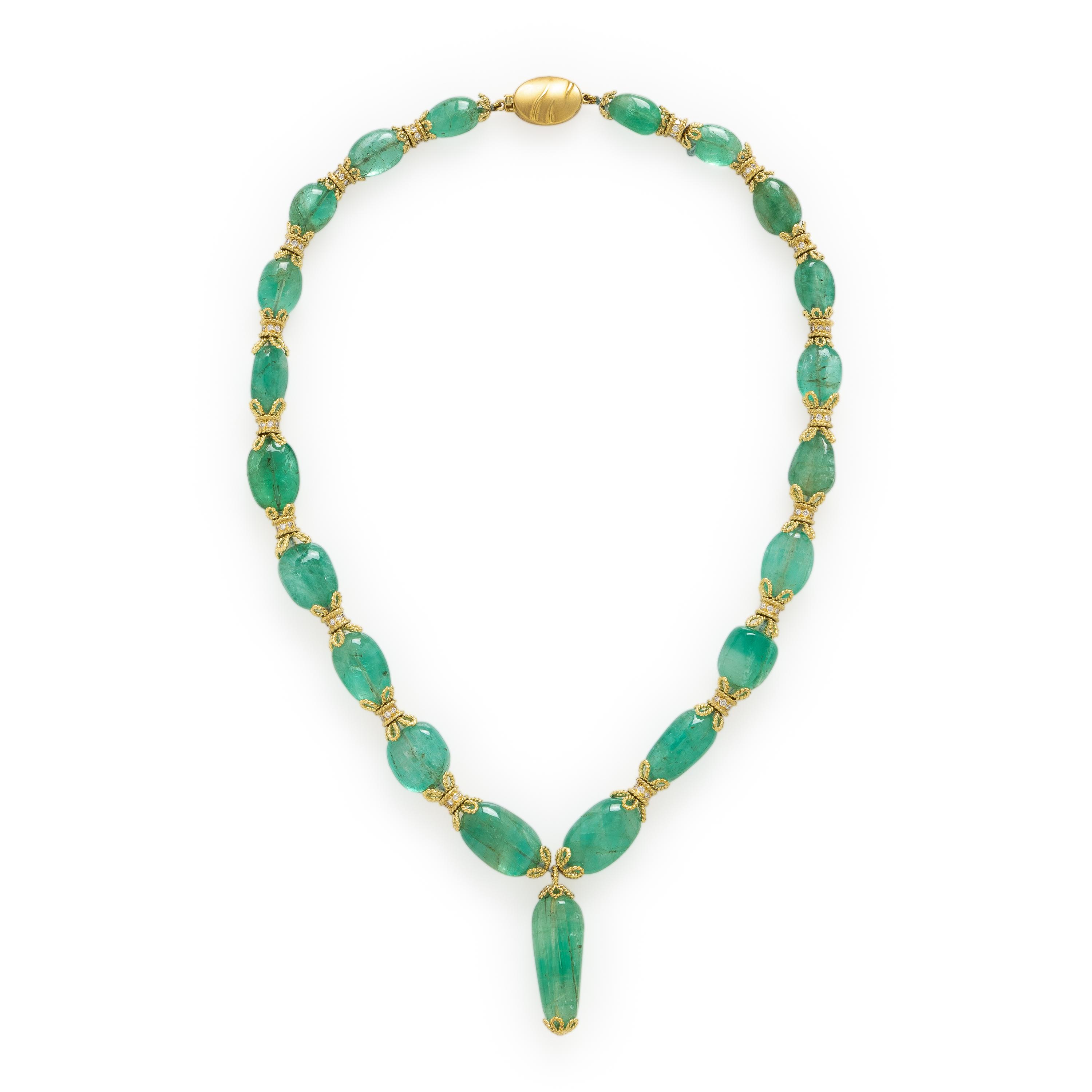 Emerald Bead, Diamond, and Yellow Gold Necklace