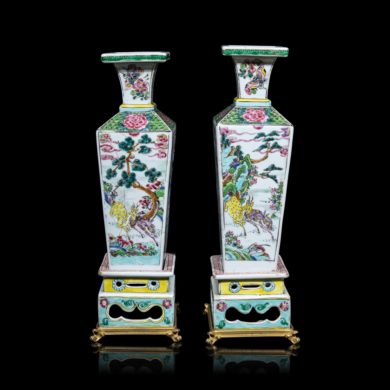 A Pair of Chinese Famille Rose Porcelain 'Cranes and Deer' Square-Section Vases, Qing Dynasty 清 粉彩鹿鶴同春方瓶一對