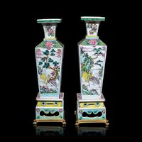 A Pair of Chinese Famille Rose Porcelain 'Cranes and Deer' Square-Section Vases, Qing Dynasty 清 粉彩鹿鶴同春方瓶一對