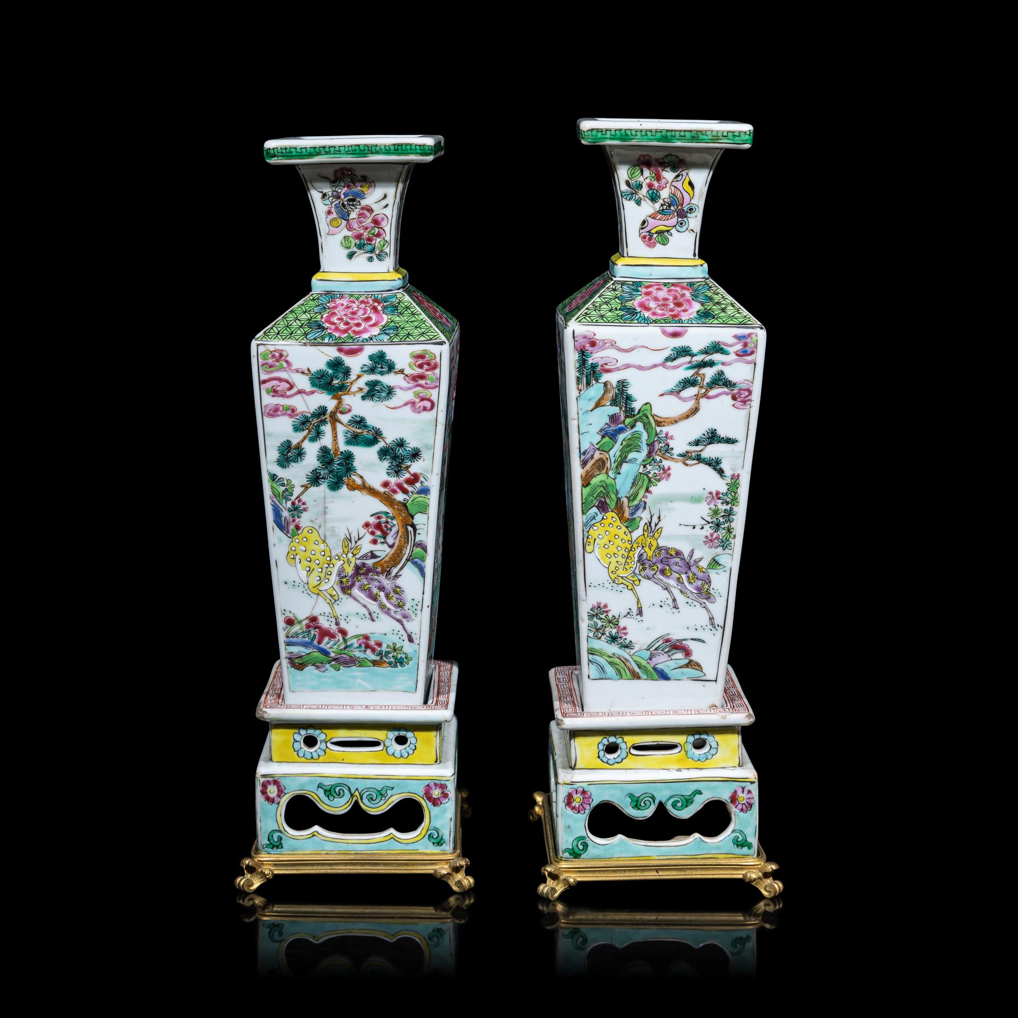 A Pair of Chinese Famille Rose Porcelain 'Cranes and Deer' Square-Section Vases, Qing Dynasty 清 粉彩鹿鶴同春方瓶一對
