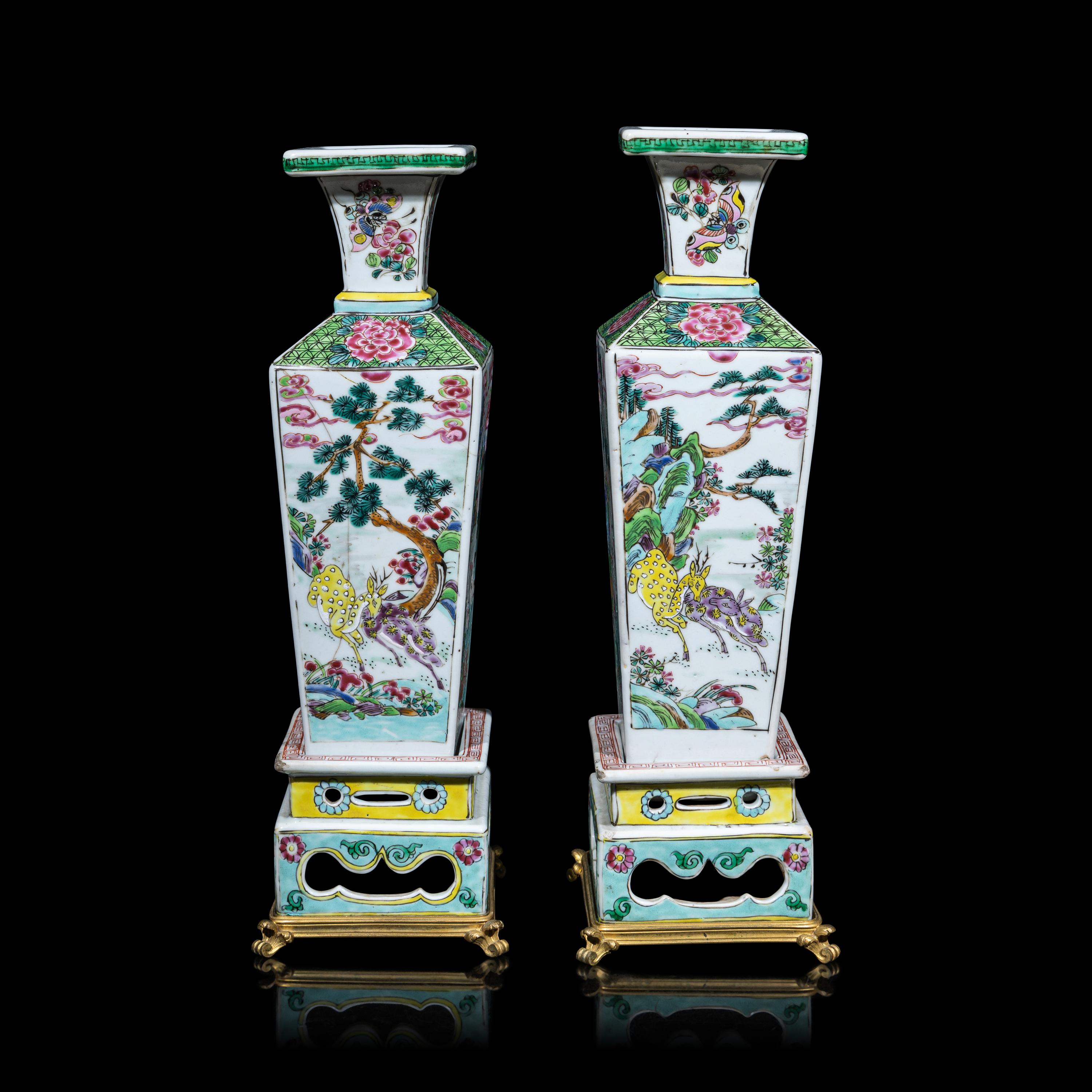 A Pair of Chinese Famille Rose Porcelain 'Cranes and Deer' Square-Section Vases, Qing Dynasty 清 粉彩鹿鶴同春方瓶一對