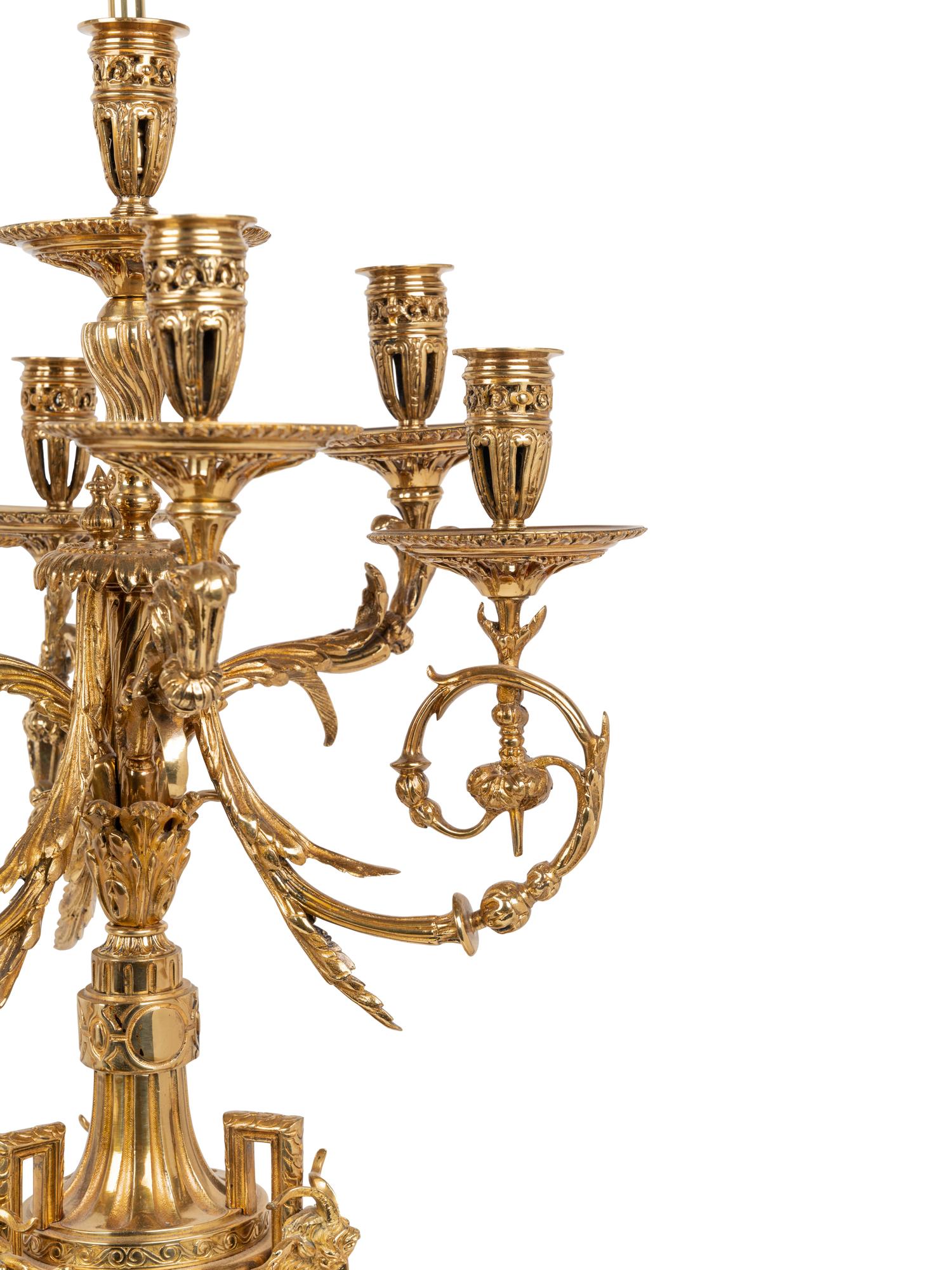 A Pair of Louis XVI Style Gilt Metal and Marble Seven-Light Candelabra Mounted as Lamps