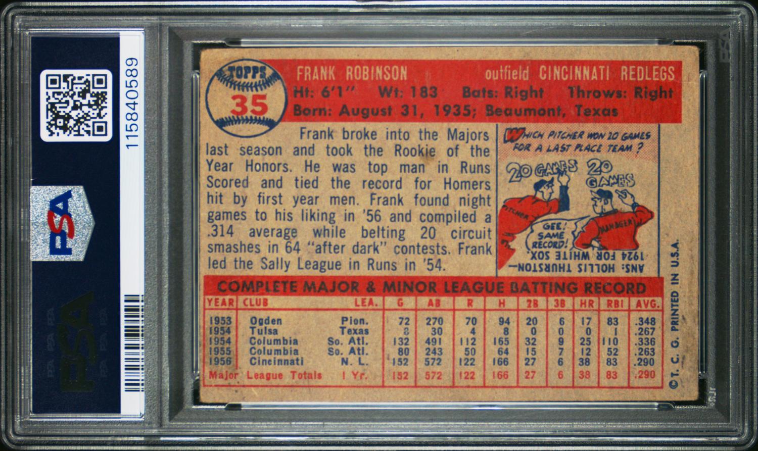A 1957 Topps Frank Robinson Rookie Baseball Card No. 35 (PSA 2 GOOD)