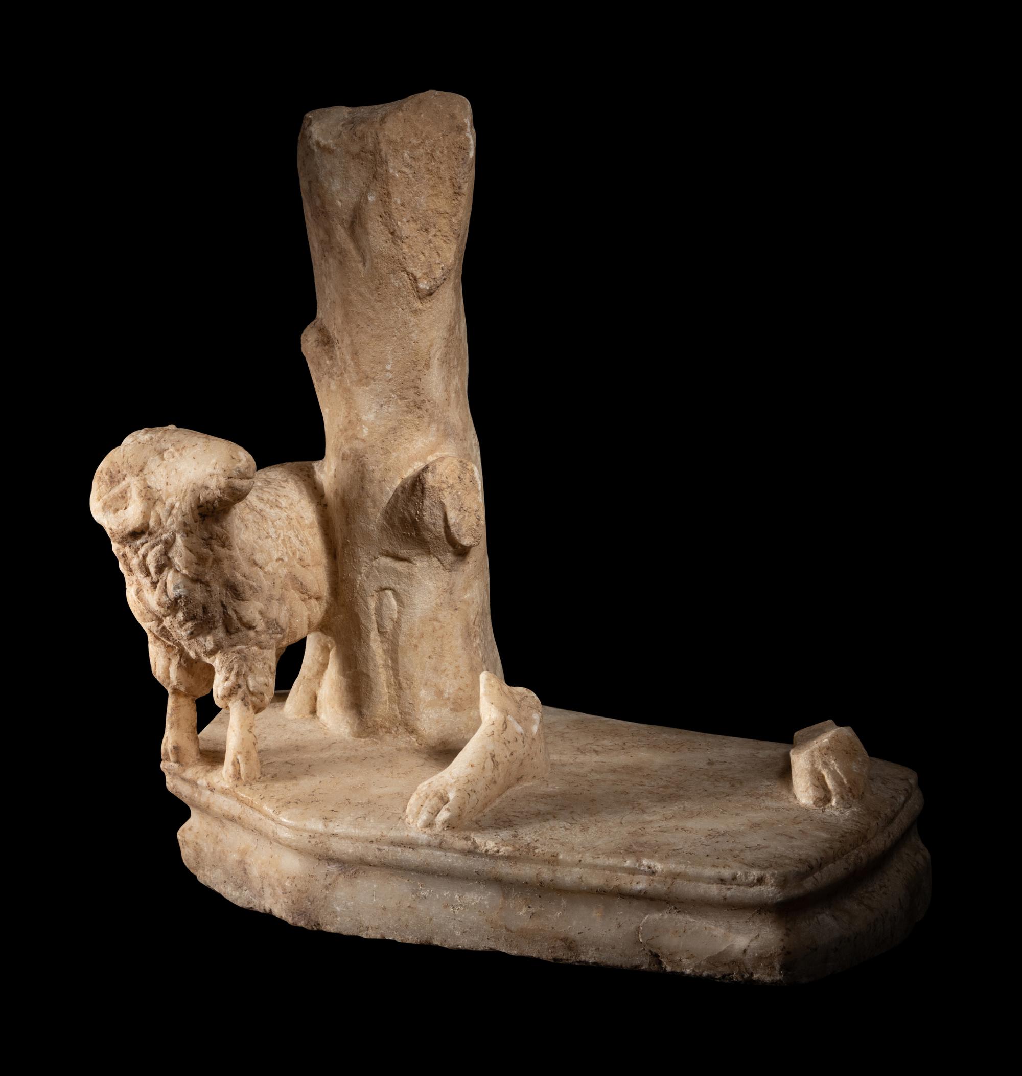 A Roman Marble Sculpture Base with a Ram