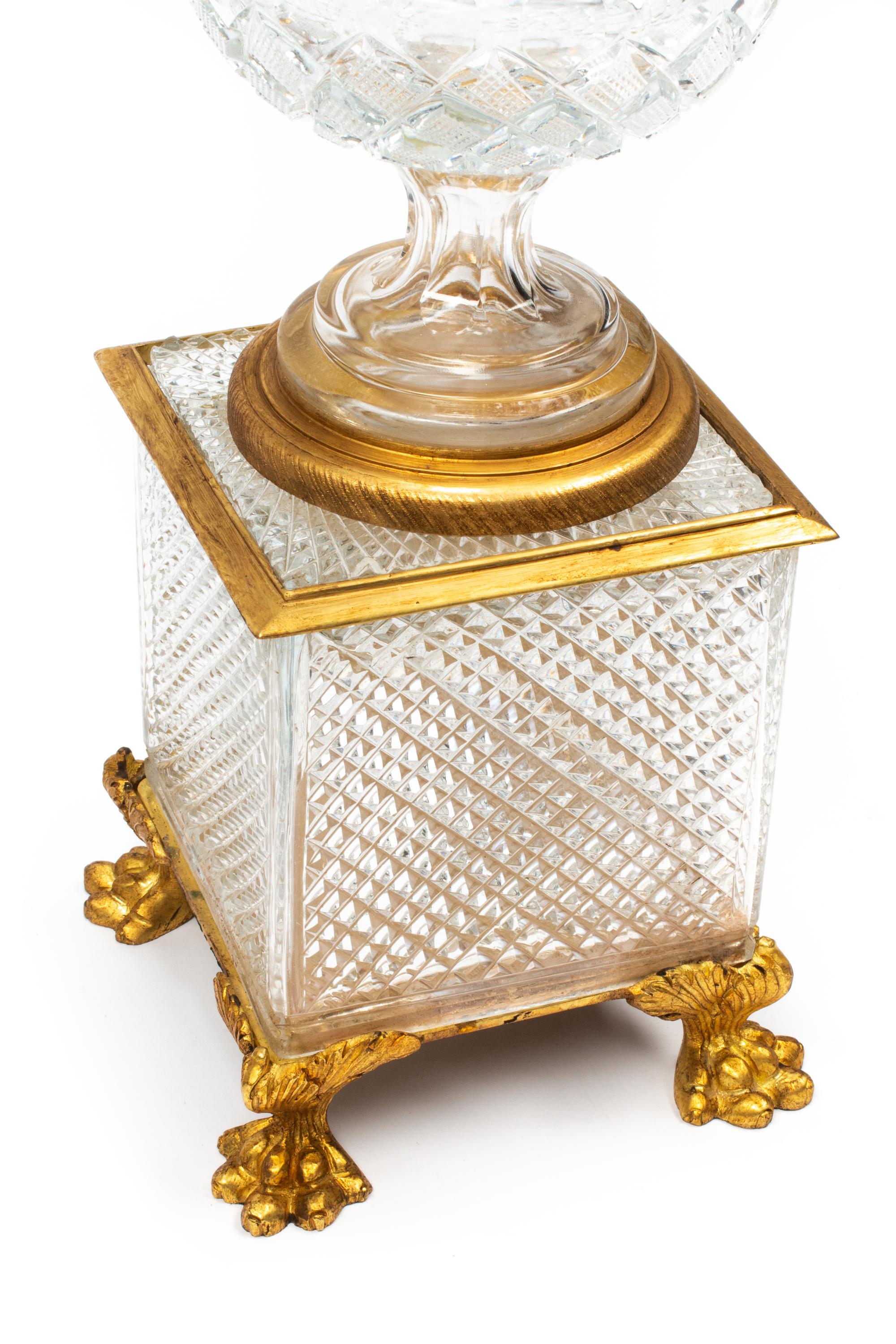 A Pair of French Gilt Bronze Mounted Cut Glass Urns