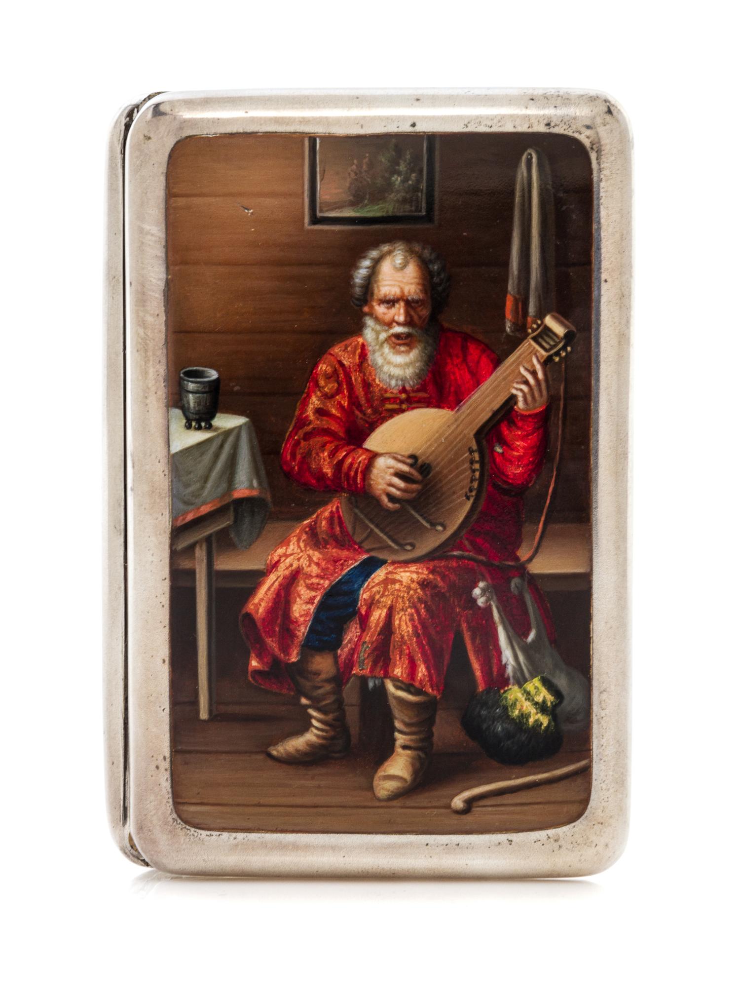 A Russian Enameled Silver Cigarette Case, Mark of Konstantin Skvortsov, Moscow, late 19th century, the lid decorated with a scene of a