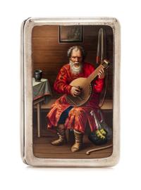 A Russian Enameled Silver Cigarette Case, Mark of Konstantin Skvortsov, Moscow, late 19th century, the lid decorated with a scene of a