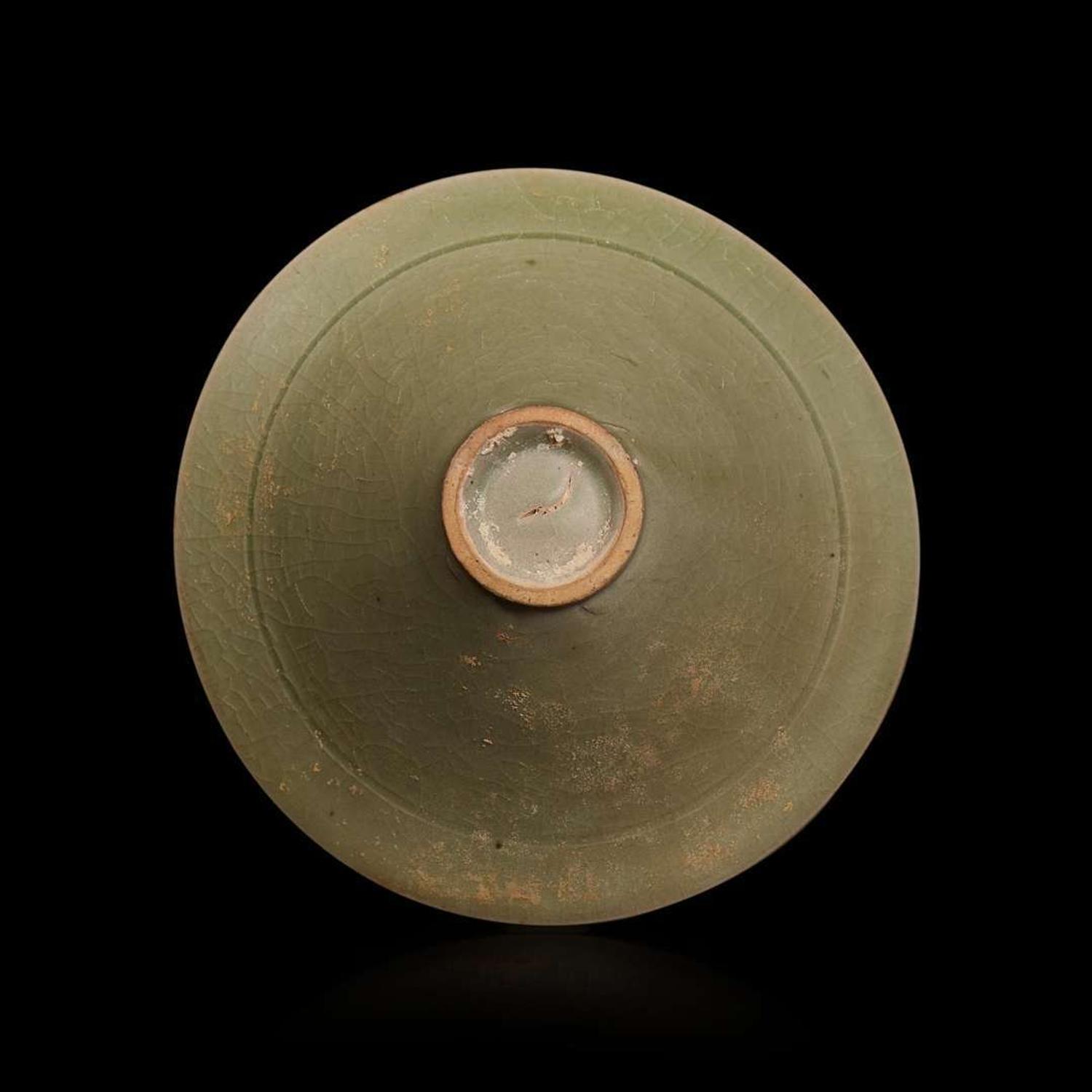 A small celadon-glazed molded conical bowl, Yaozhou 耀州窯斗笠盞 Possibly Song dynasty ????