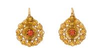 A Pair of 18 Karat Yellow Gold and Coral Earclips, 3.00 dwts.