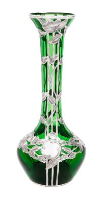 A Silver Overlay Glass Vase Height 10 inches.