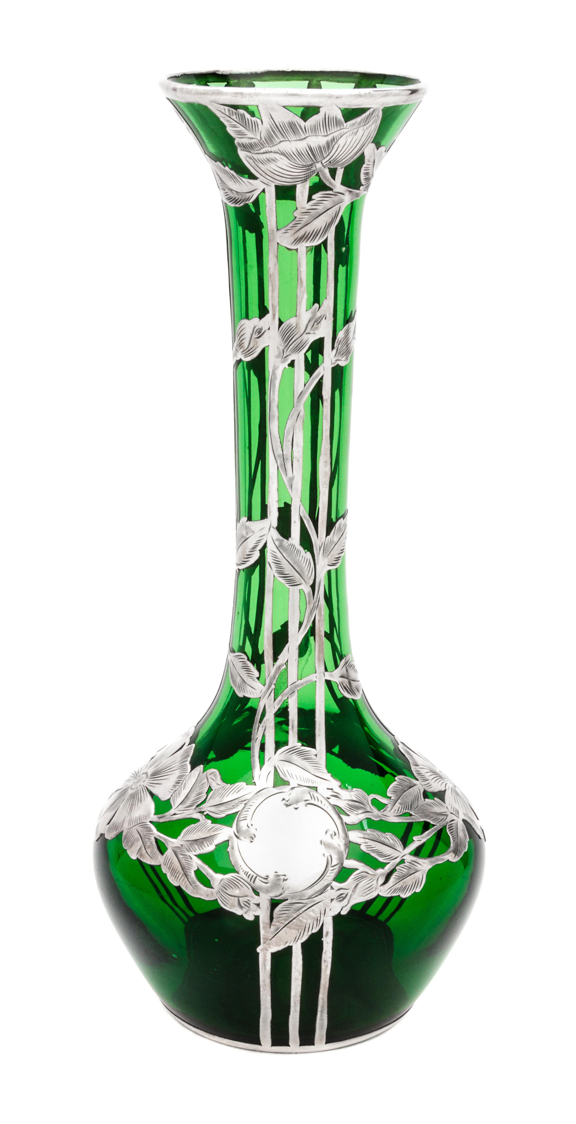 A Silver Overlay Glass Vase Height 10 inches.