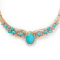 YELLOW GOLD, SYNTHETIC TURQUOISE AND DIAMOND NECKLACE