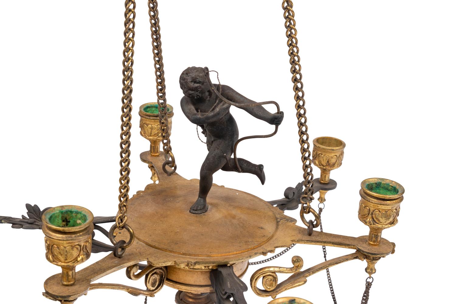 A Neoclassical Gilt and Patinated Bronze Six-Light Chandelier