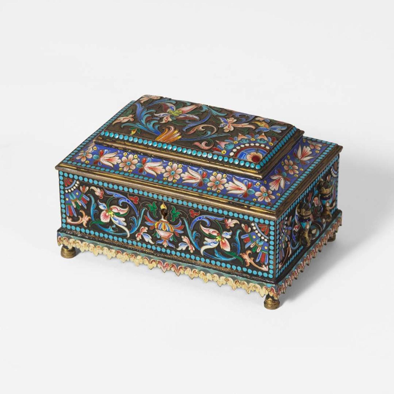 A Russian silver-gilt and shaded enamel casket Hallmarks likely for Nikolai Vasilevich Alexeev, Moscow, 1899-1908