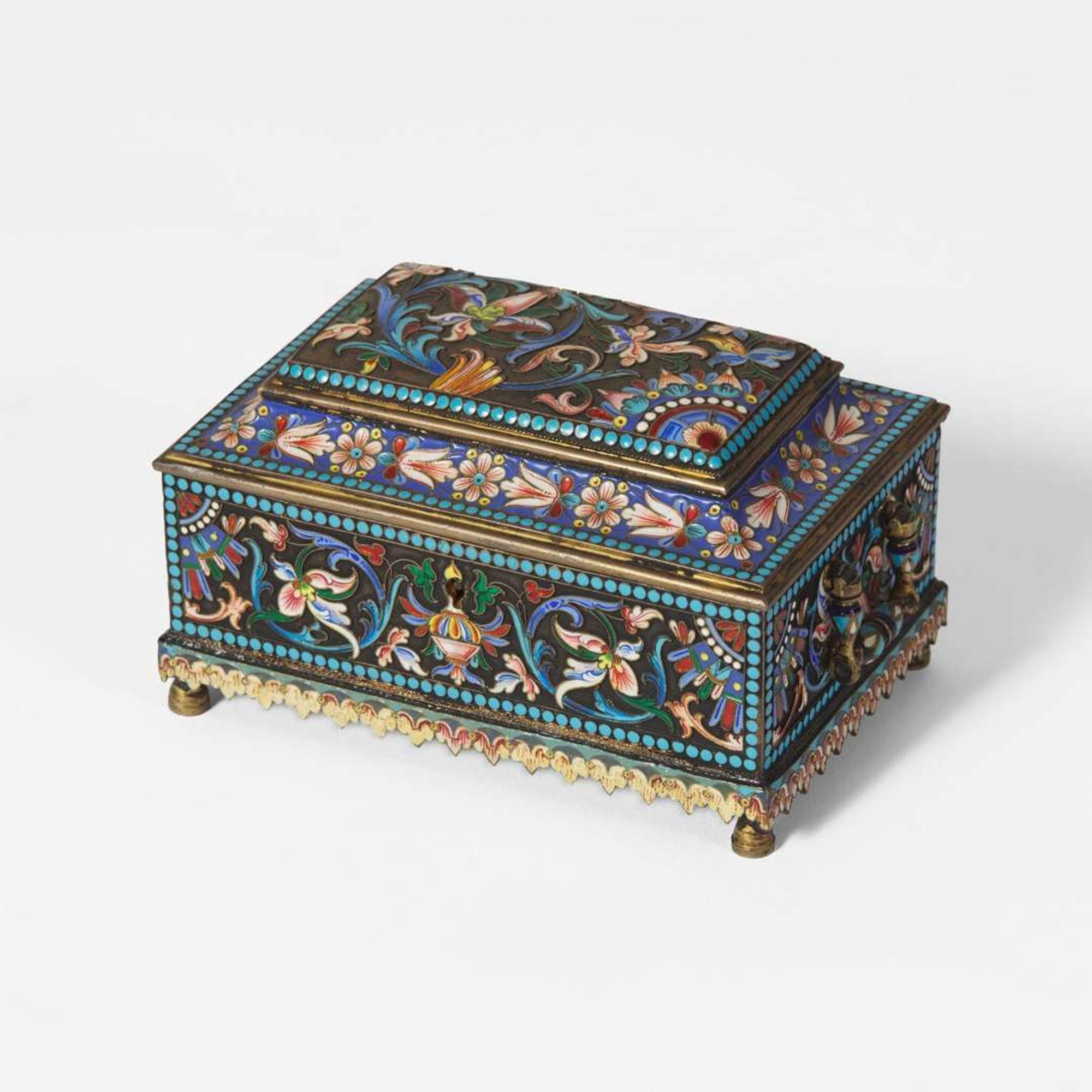 A Russian silver-gilt and shaded enamel casket Hallmarks likely for Nikolai Vasilevich Alexeev, Moscow, 1899-1908