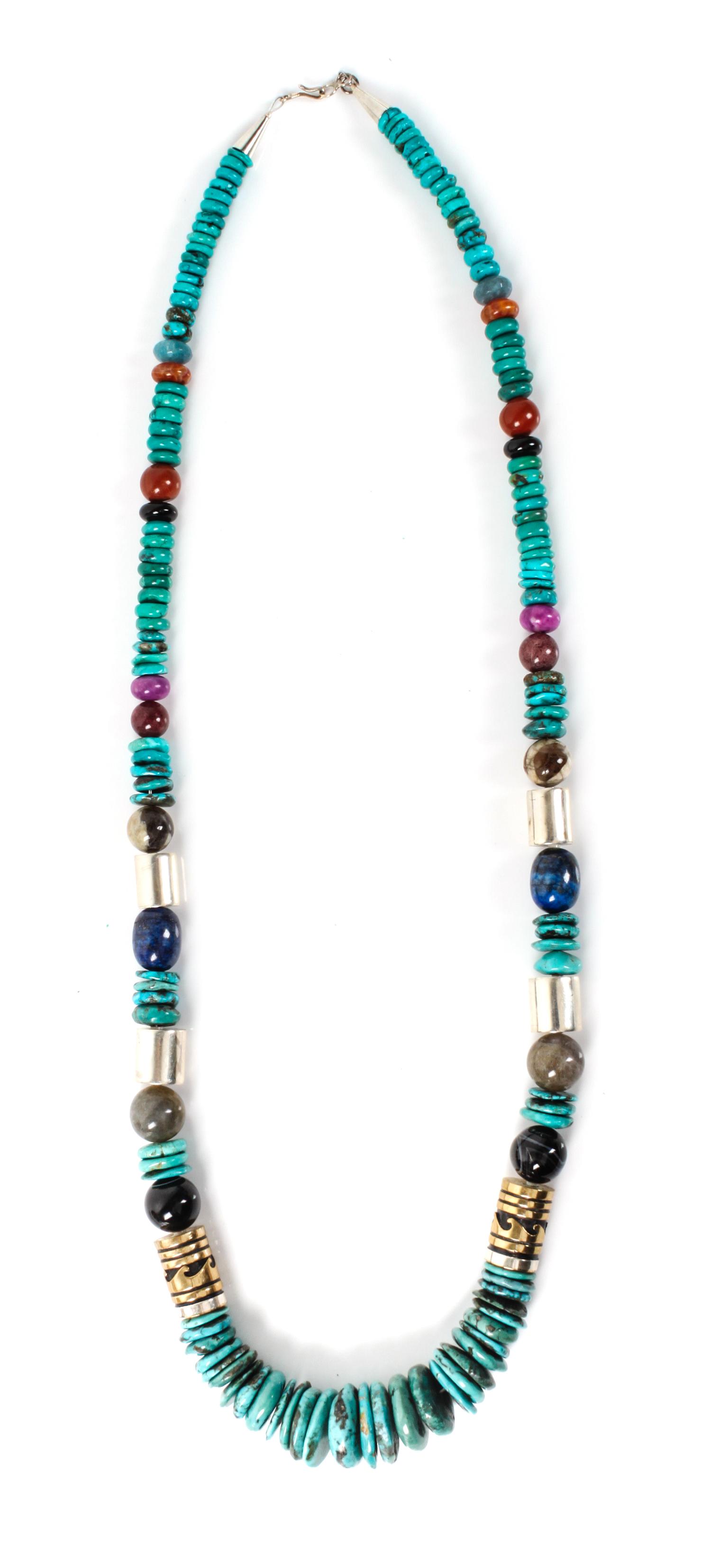 A Navajo Silver, Turquoise and Multiple Stone Necklace Length 30 inches.