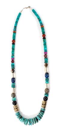 A Navajo Silver, Turquoise and Multiple Stone Necklace Length 30 inches.
