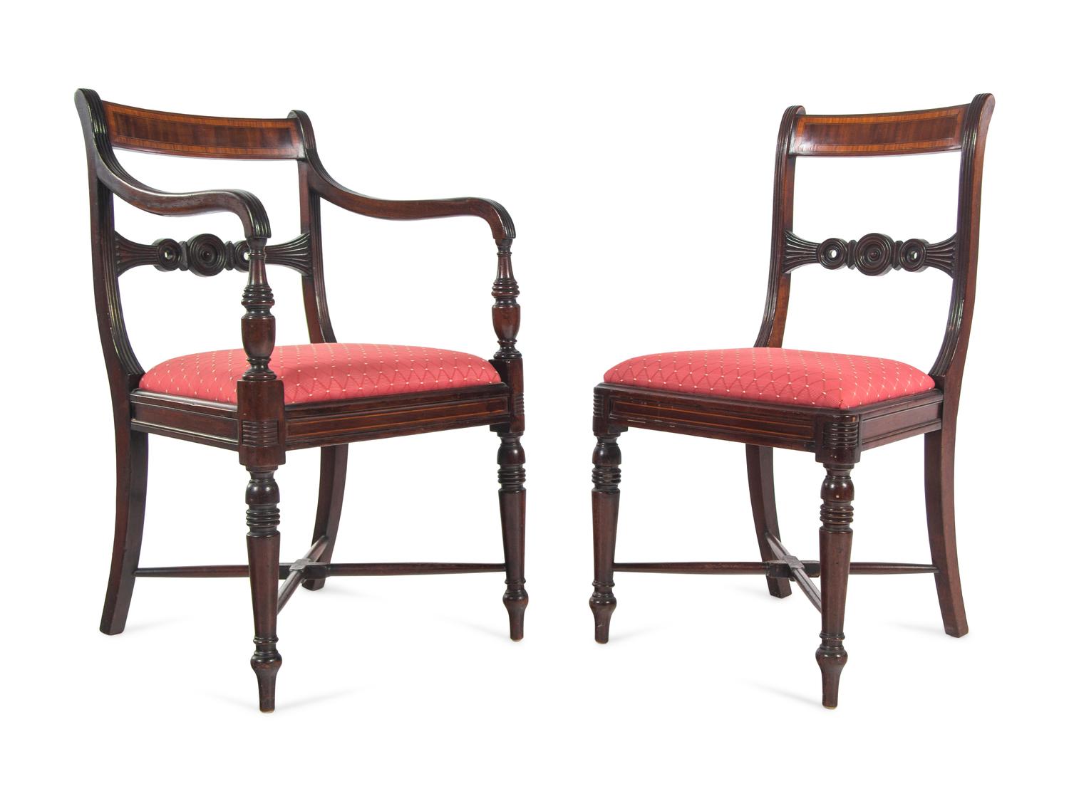 A Set of Eight Regency Style Mahogany and Satinwood Dining Chairs