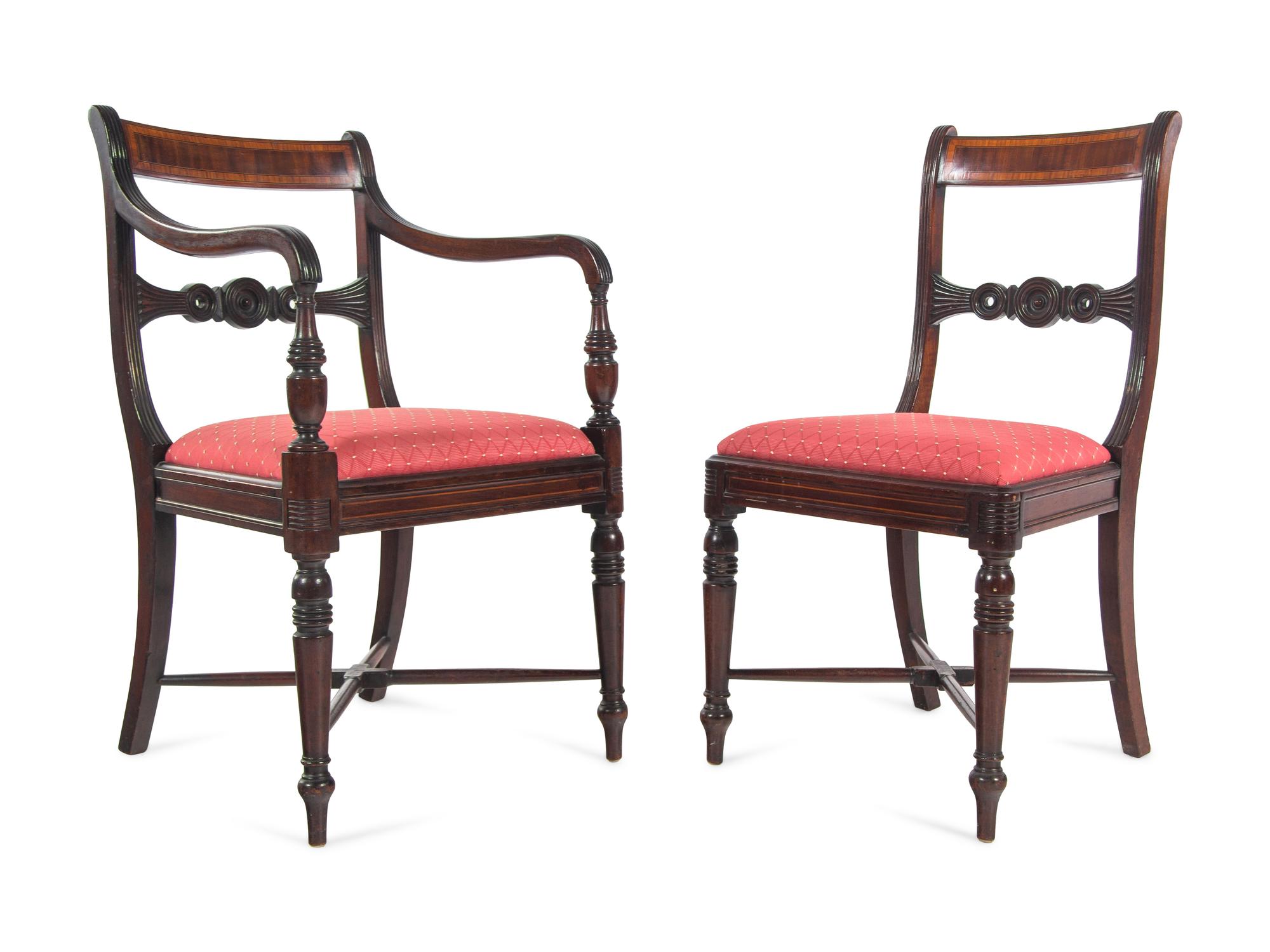 A Set of Eight Regency Style Mahogany and Satinwood Dining Chairs
