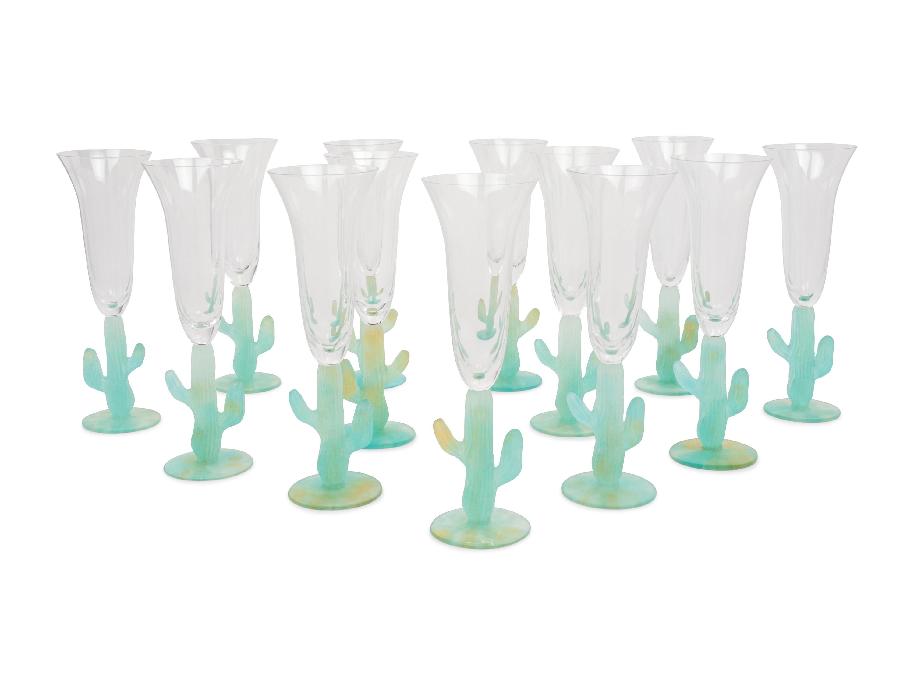 A Set of Thirteen Daum Pâte-de-Verre Cactus Champagne Flutes
