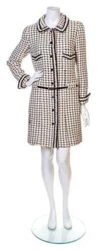 A Chanel Black and Cream Wool Boucle Coat, Coat size 44; Belt 39".