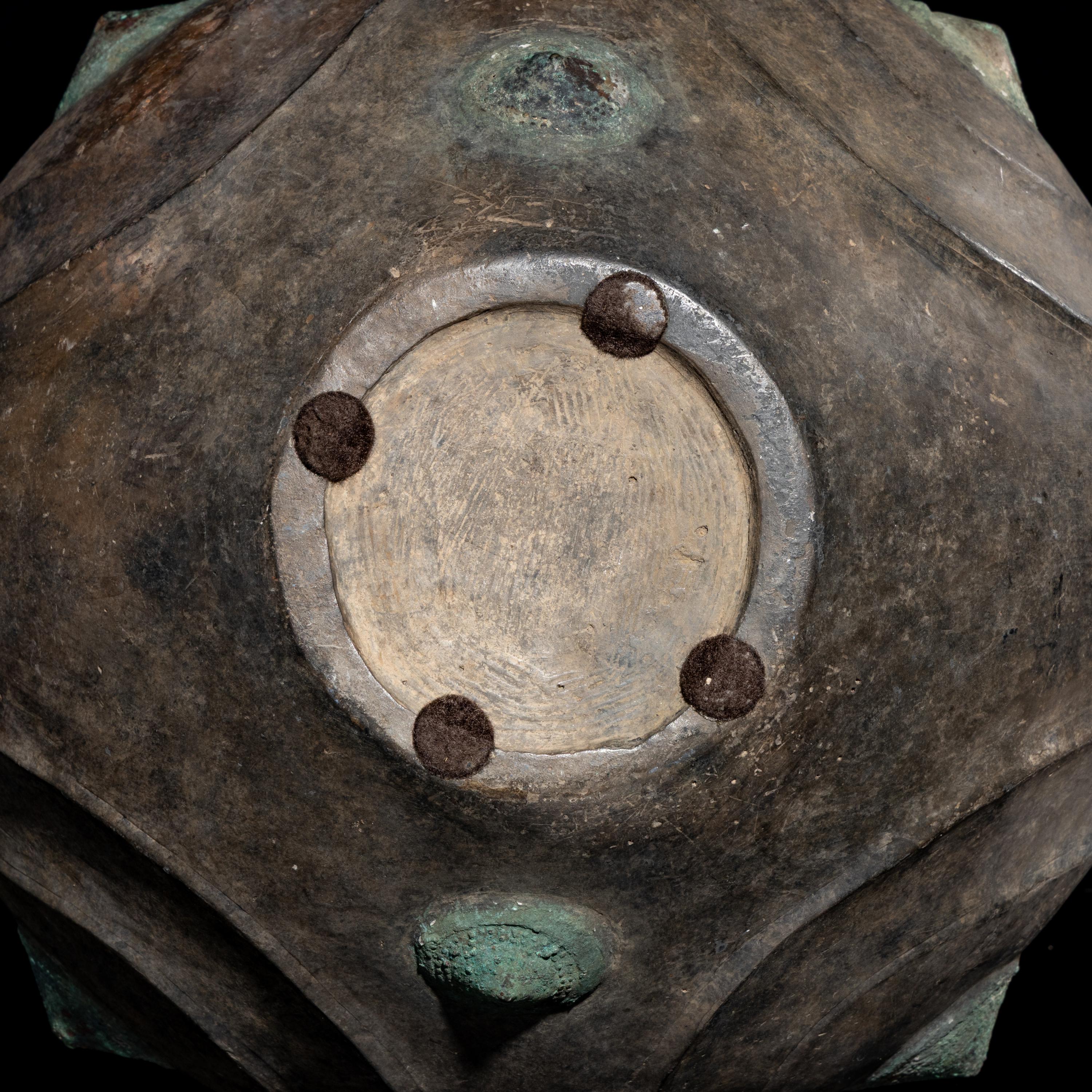 A Chinese Grey Pottery Amphora with Metal Boss Appliques, Western Han Dynasty — 西漢 黑陶嵌铜泡钉双耳壶