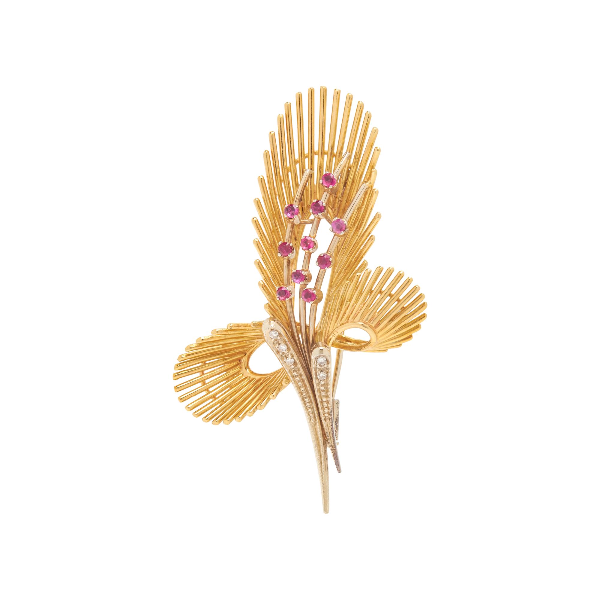 RETRO, BICOLOR GOLD, DIAMOND AND RUBY BROOCH