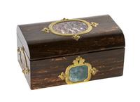 A Victorian Brass and Hardstone Inset Calamander Wood Dresser Set, Width 10 inches.