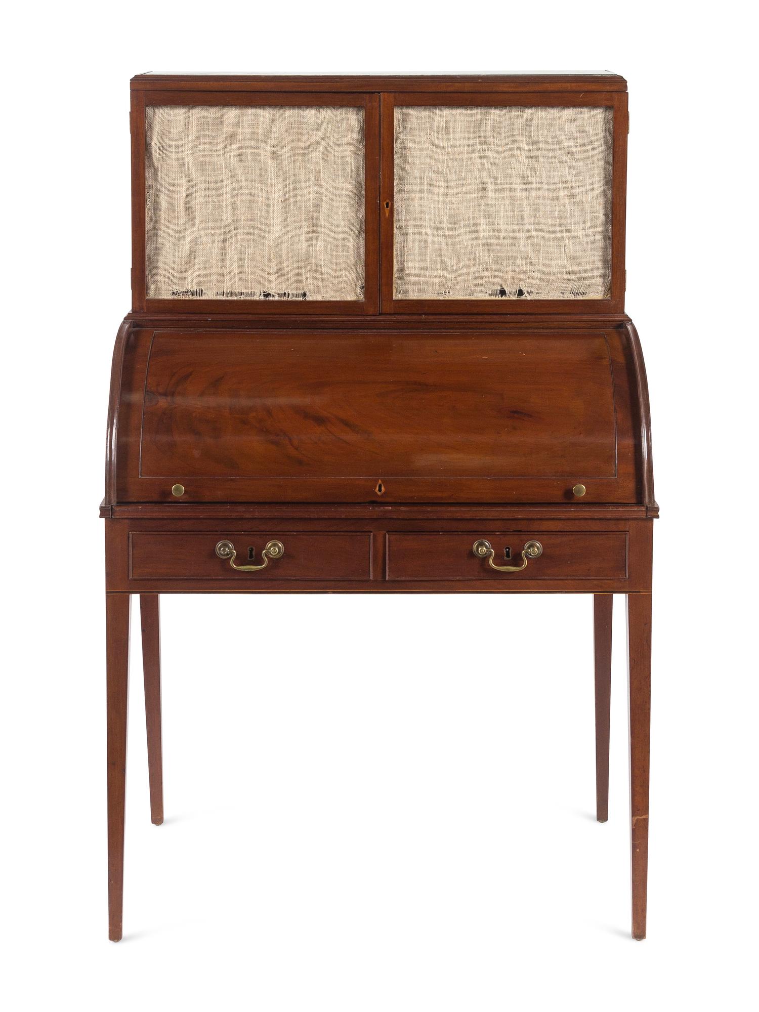 A George III Style Mahogany Marble-Inset Cylinder-Top Bureau