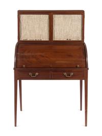 A George III Style Mahogany Marble-Inset Cylinder-Top Bureau
