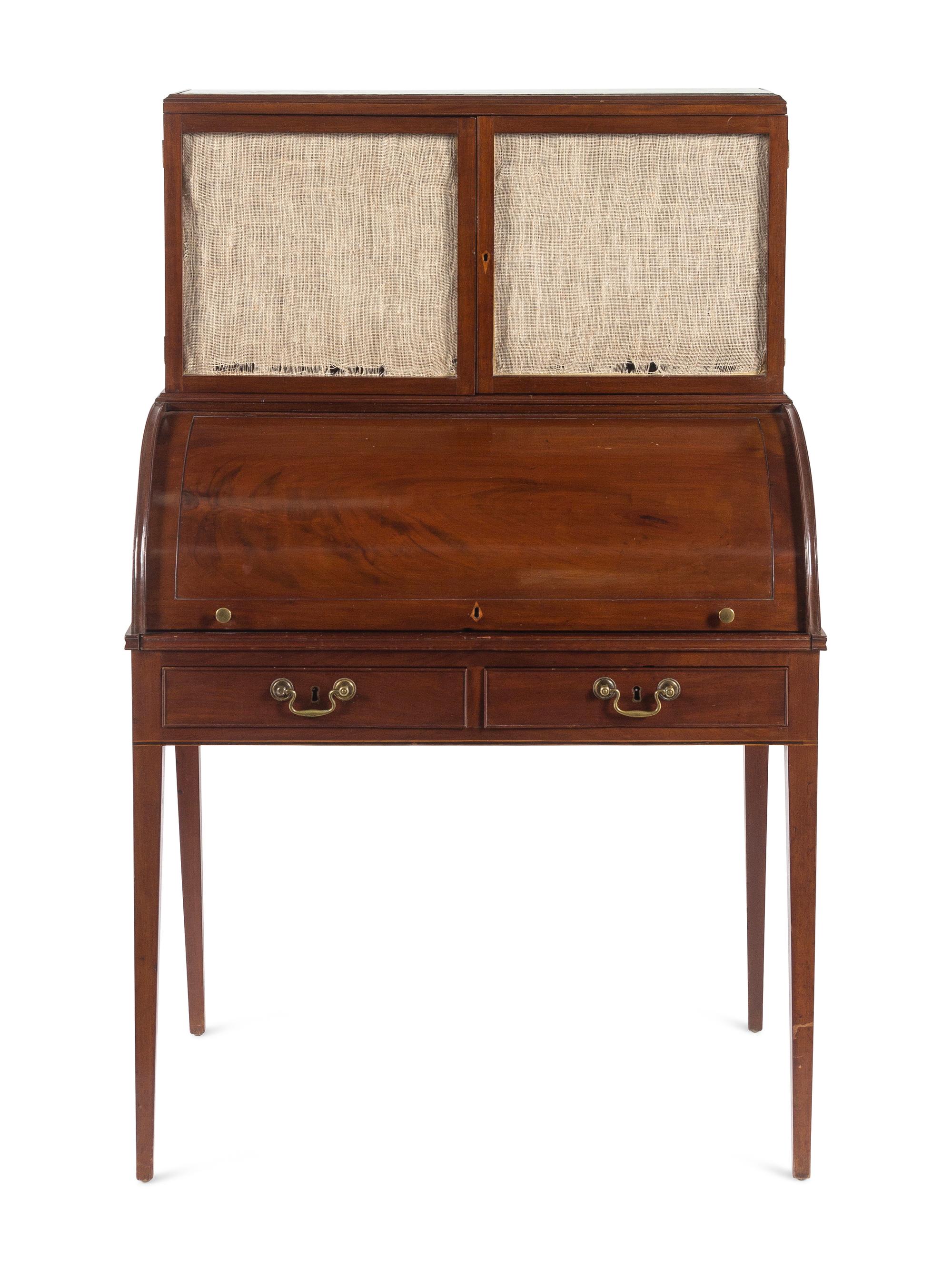 A George III Style Mahogany Marble-Inset Cylinder-Top Bureau