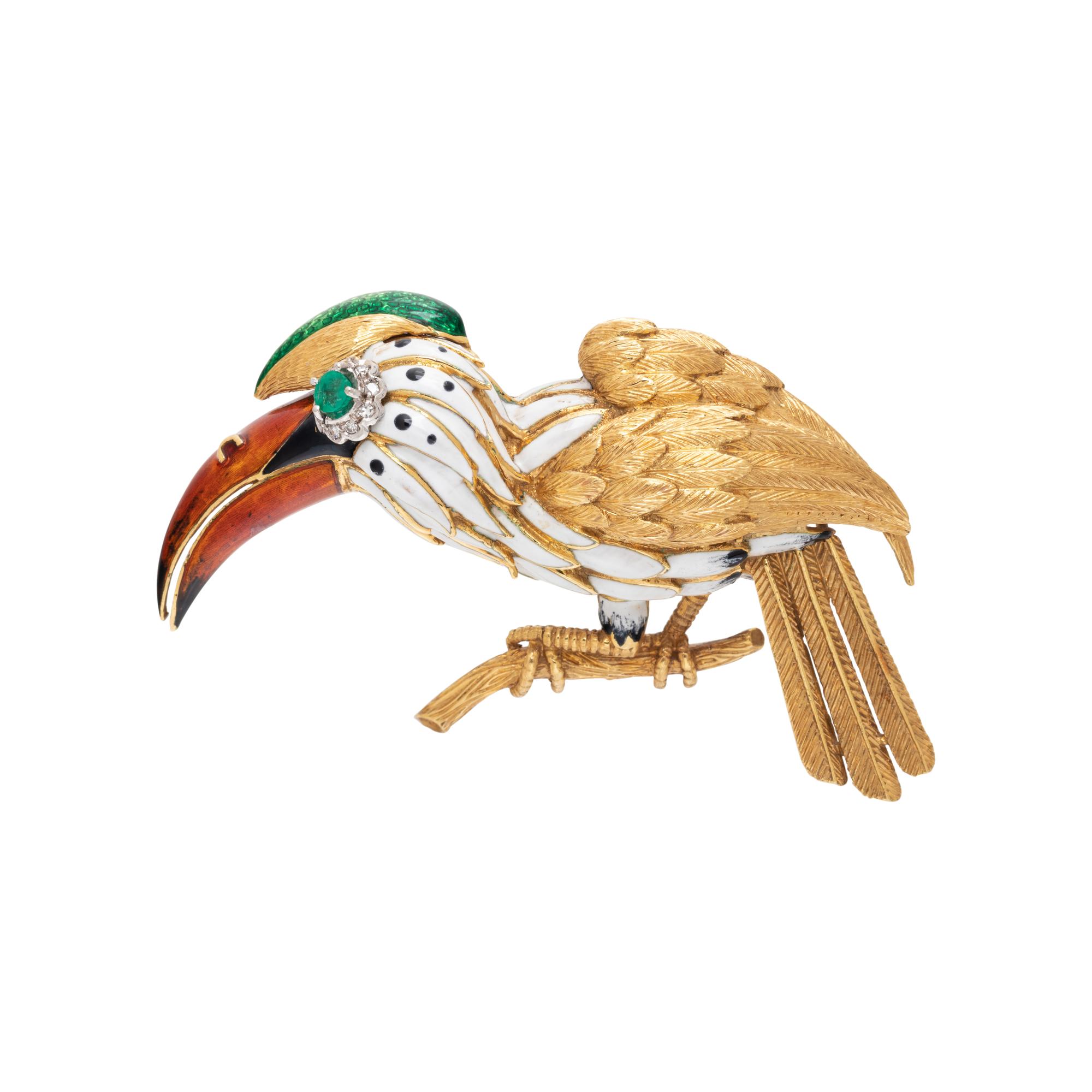 POLYCHROME ENAMEL, DIAMOND AND MULTIGEM BIRD BROOCH