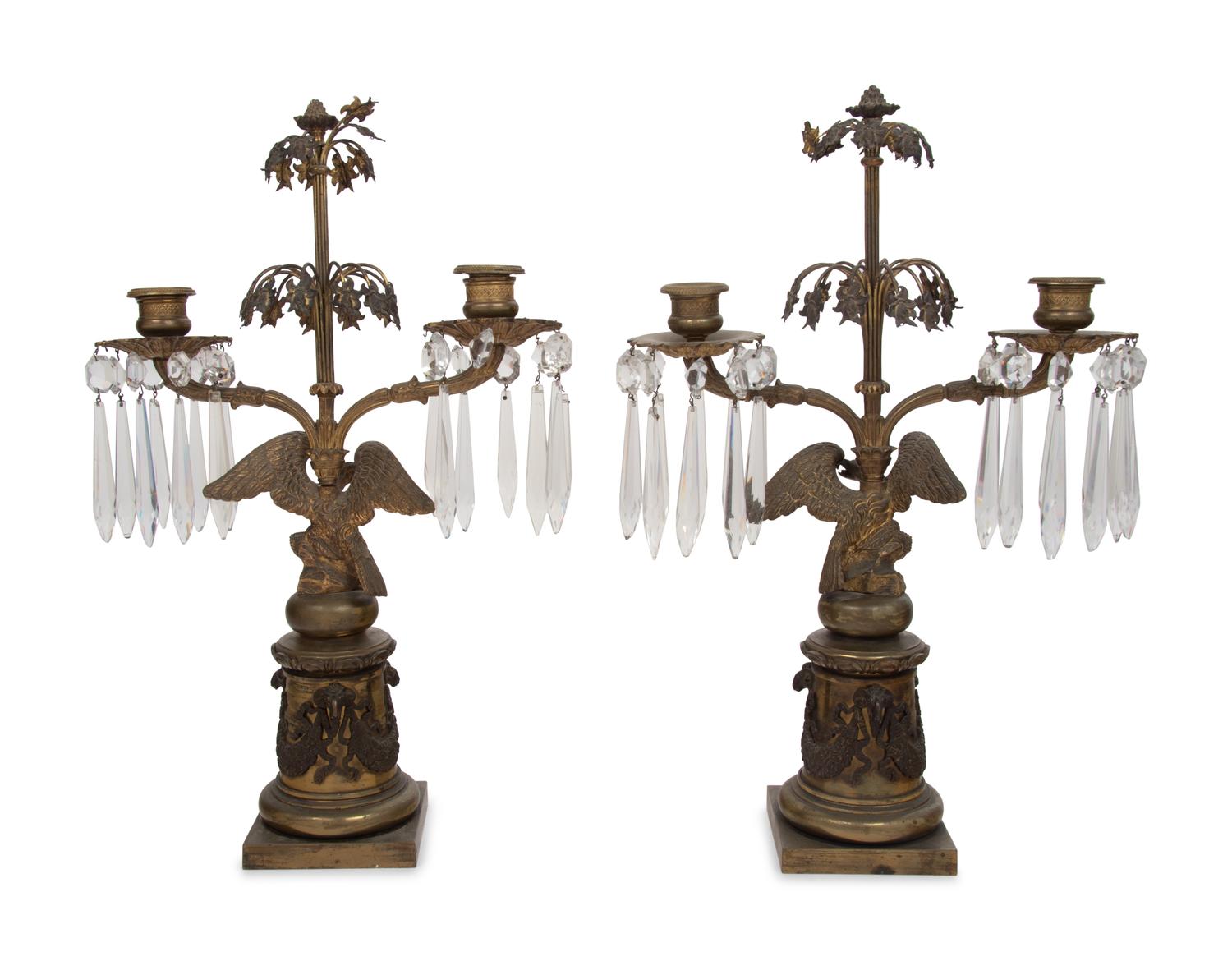 A Pair of English Gilt Metal and Glass Two-Light Candelabra