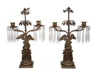 A Pair of English Gilt Metal and Glass Two-Light Candelabra