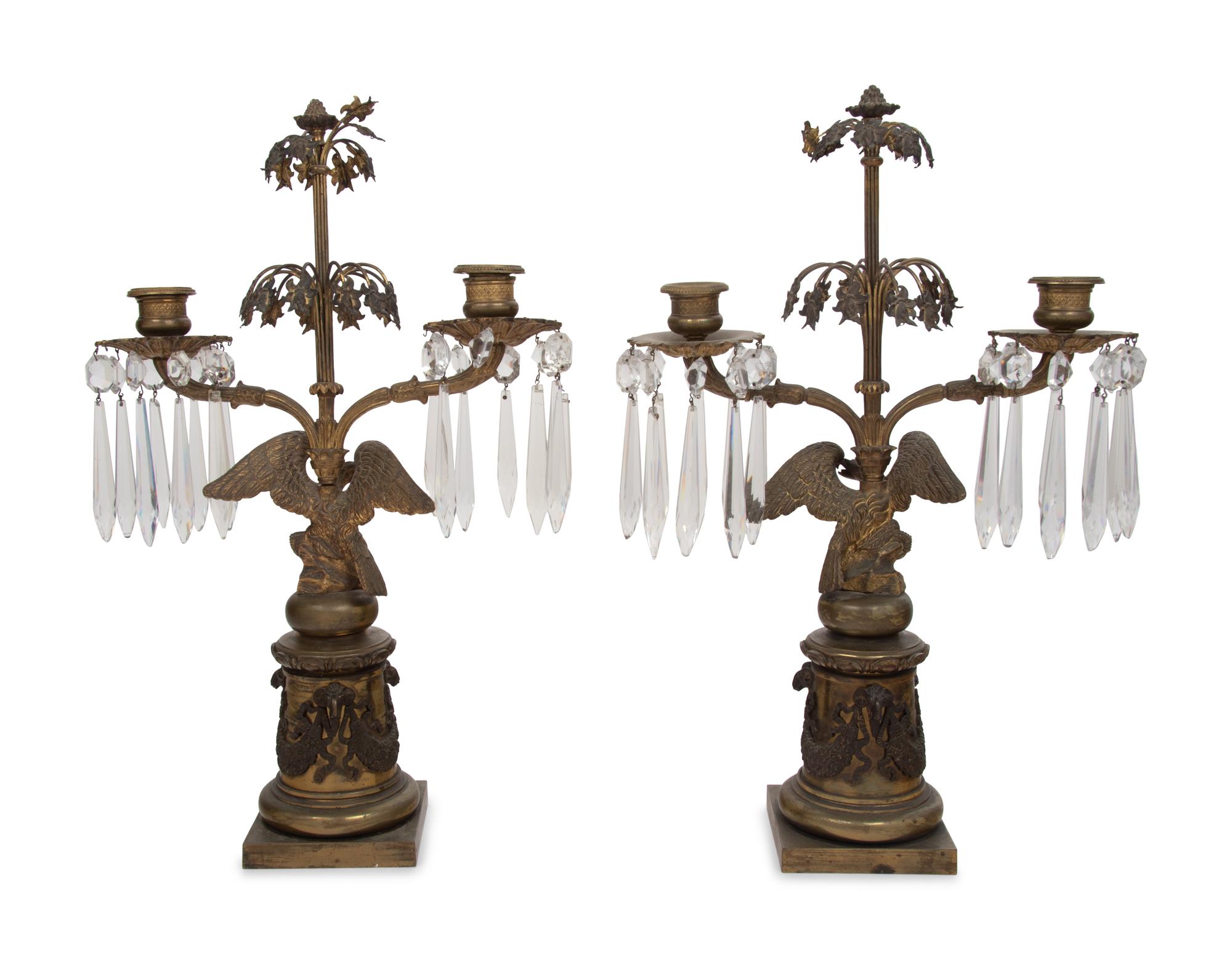 A Pair of English Gilt Metal and Glass Two-Light Candelabra