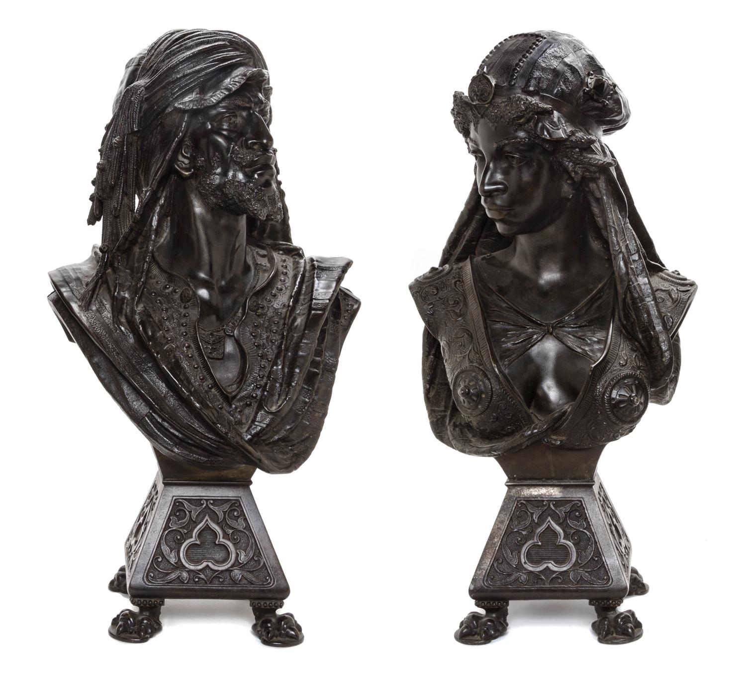 A Pair of French Patinated Metal Orientalist Busts, LATE 19TH CENTURY, Height 30 1/2 inches. — LATE 19TH CENTURY,