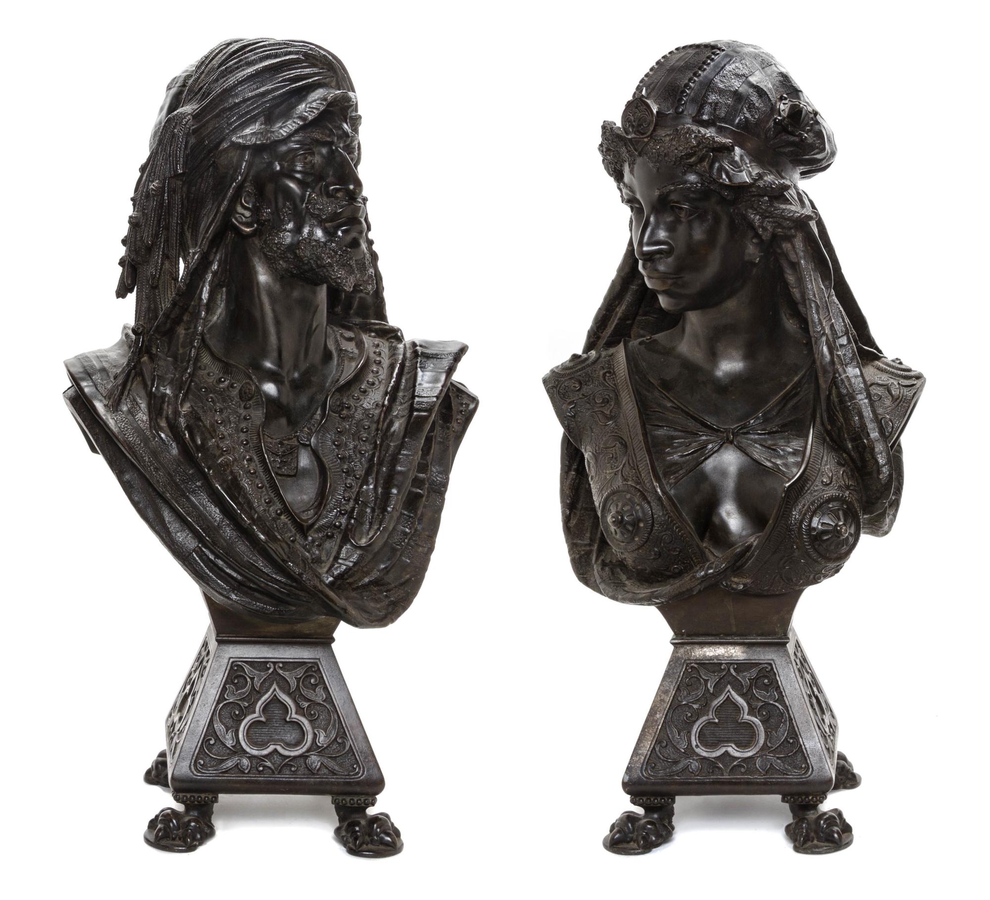 A Pair of French Patinated Metal Orientalist Busts, LATE 19TH CENTURY, Height 30 1/2 inches. — LATE 19TH CENTURY,