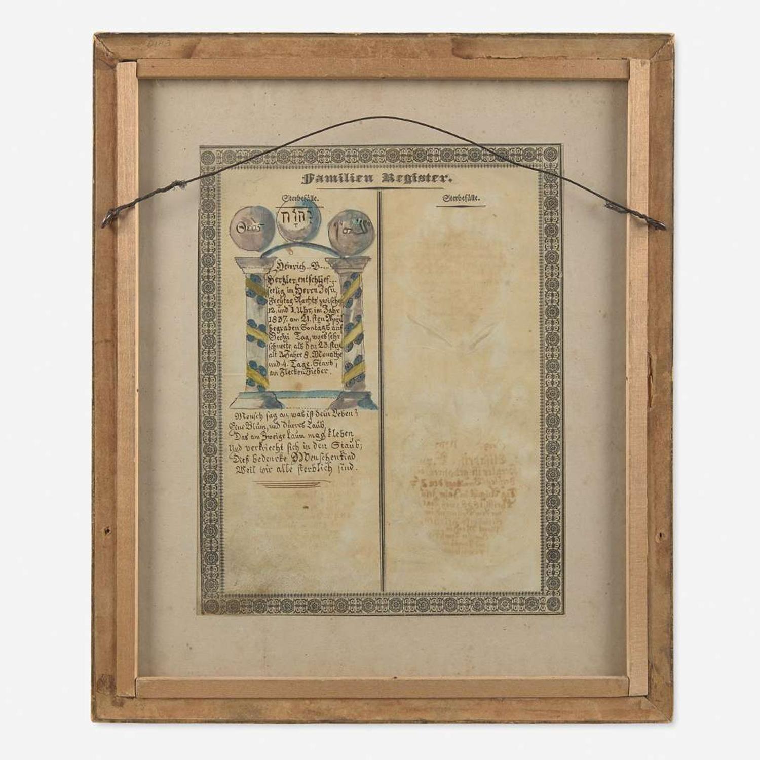 Carl Friedrich Seybold (active c. 1818-1843) Fraktur: Family Register for the Hertzler Family of Lancaster Township, Lancaster County, PA, circa 1843
