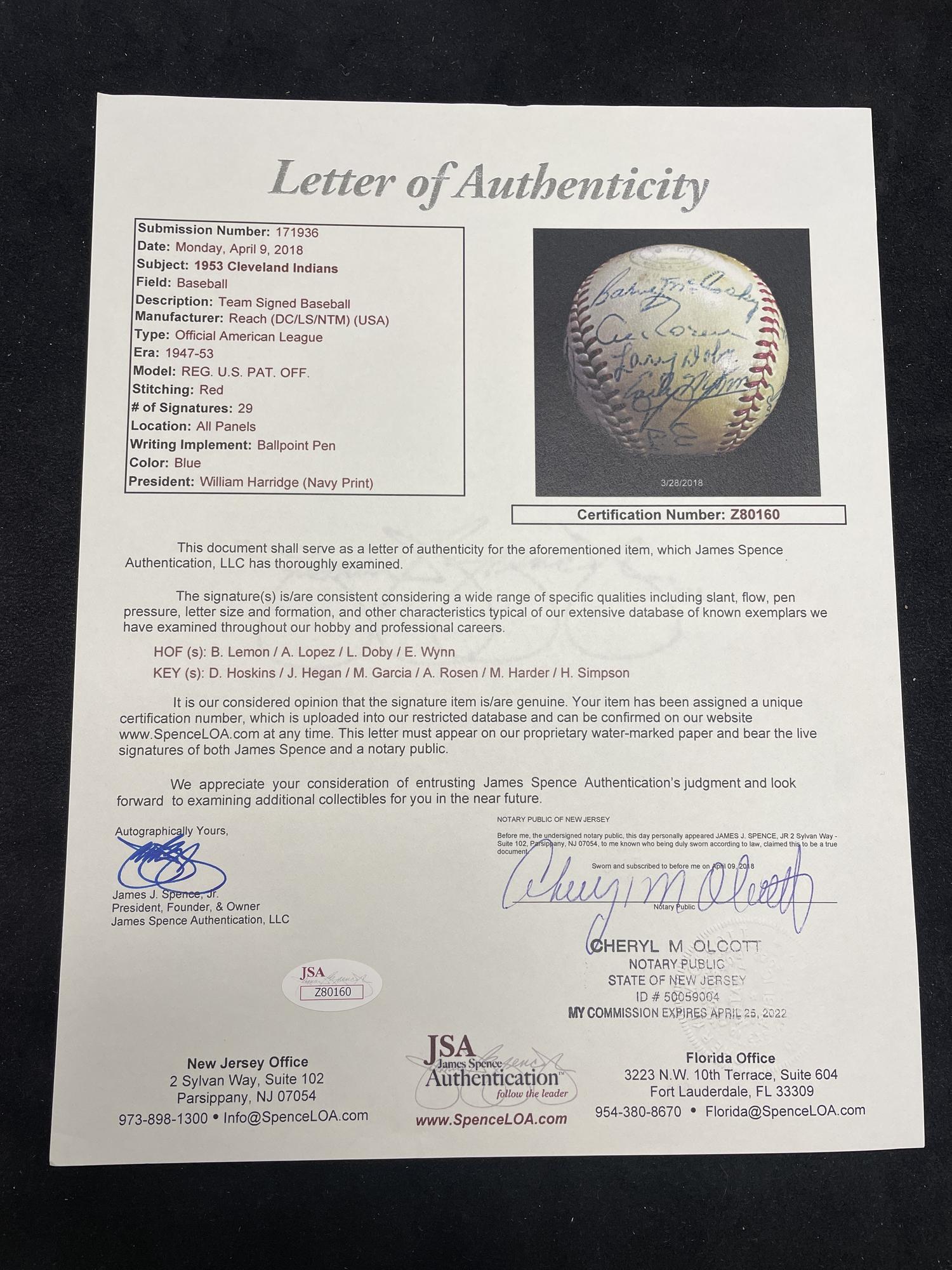 A 1953 Cleveland Indians Team Signed Autograph Baseball Featuring Multiple Hall of Famers (JSA Letter of Authenticity),