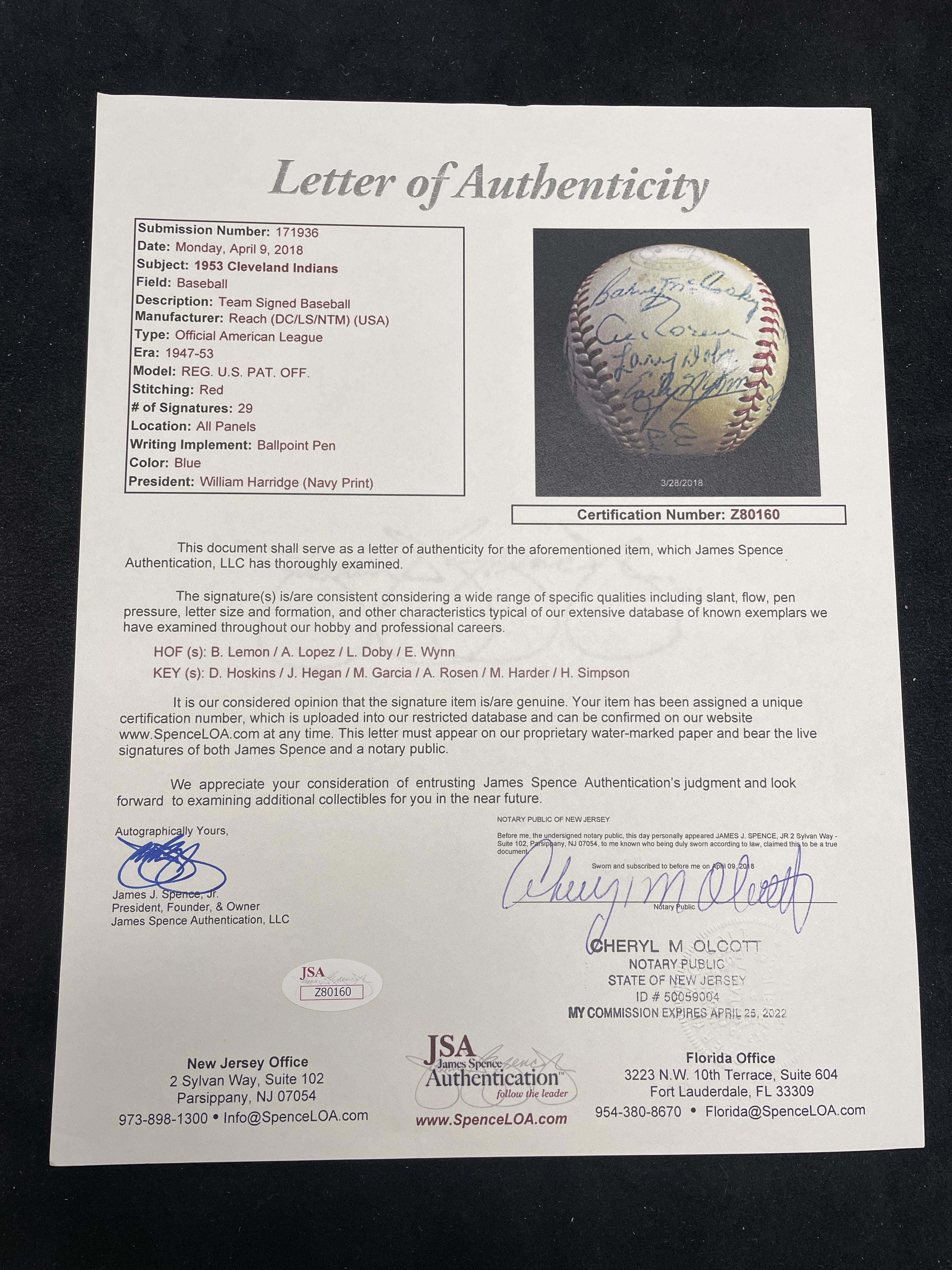 A 1953 Cleveland Indians Team Signed Autograph Baseball Featuring Multiple Hall of Famers (JSA Letter of Authenticity),