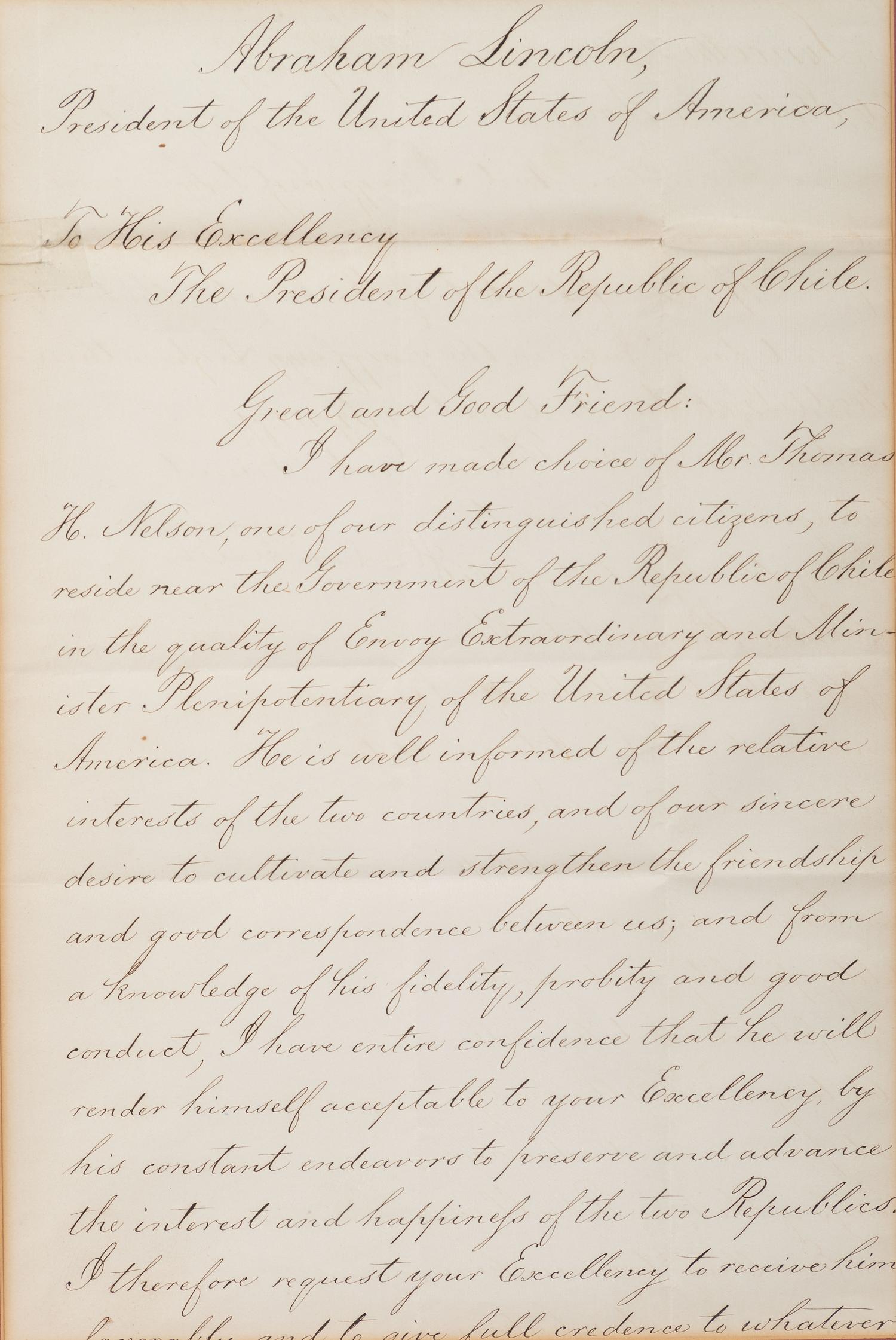 LINCOLN, Abraham (1809-1865) and William H. SEWARD (1801-1872). Document signed ("Abraham Lincoln"; "William H. Seward"), as President and Secretary of State, to the President of the Republic of Chile. Washington, D.C., 33 July 1861.