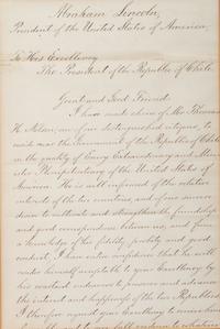 LINCOLN, Abraham (1809-1865) and William H. SEWARD (1801-1872). Document signed ("Abraham Lincoln"; "William H. Seward"), as President and Secretary of State, to the President of the Republic of Chile. Washington, D.C., 33 July 1861.