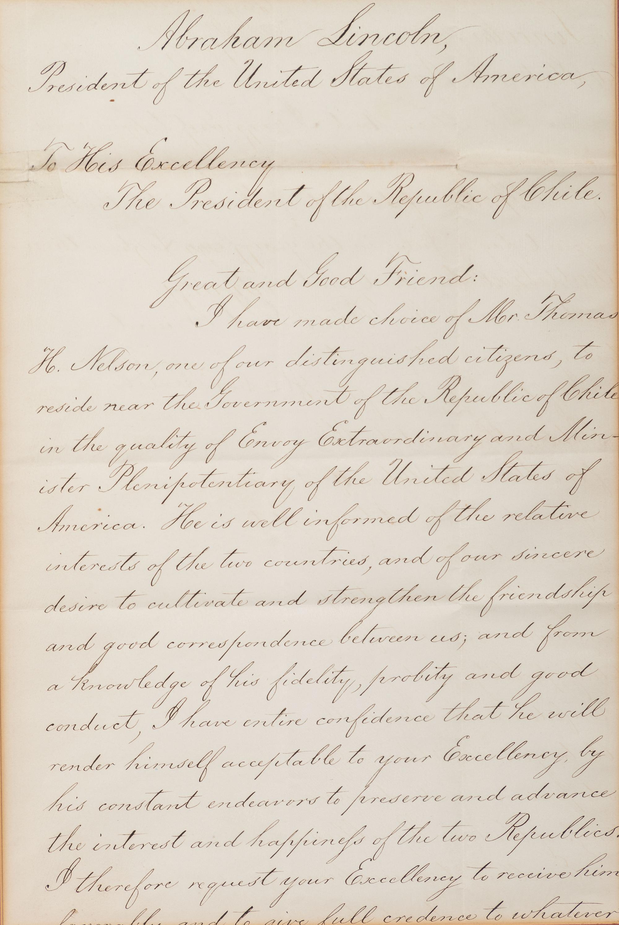LINCOLN, Abraham (1809-1865) and William H. SEWARD (1801-1872). Document signed ("Abraham Lincoln"; "William H. Seward"), as President and Secretary of State, to the President of the Republic of Chile. Washington, D.C., 33 July 1861.