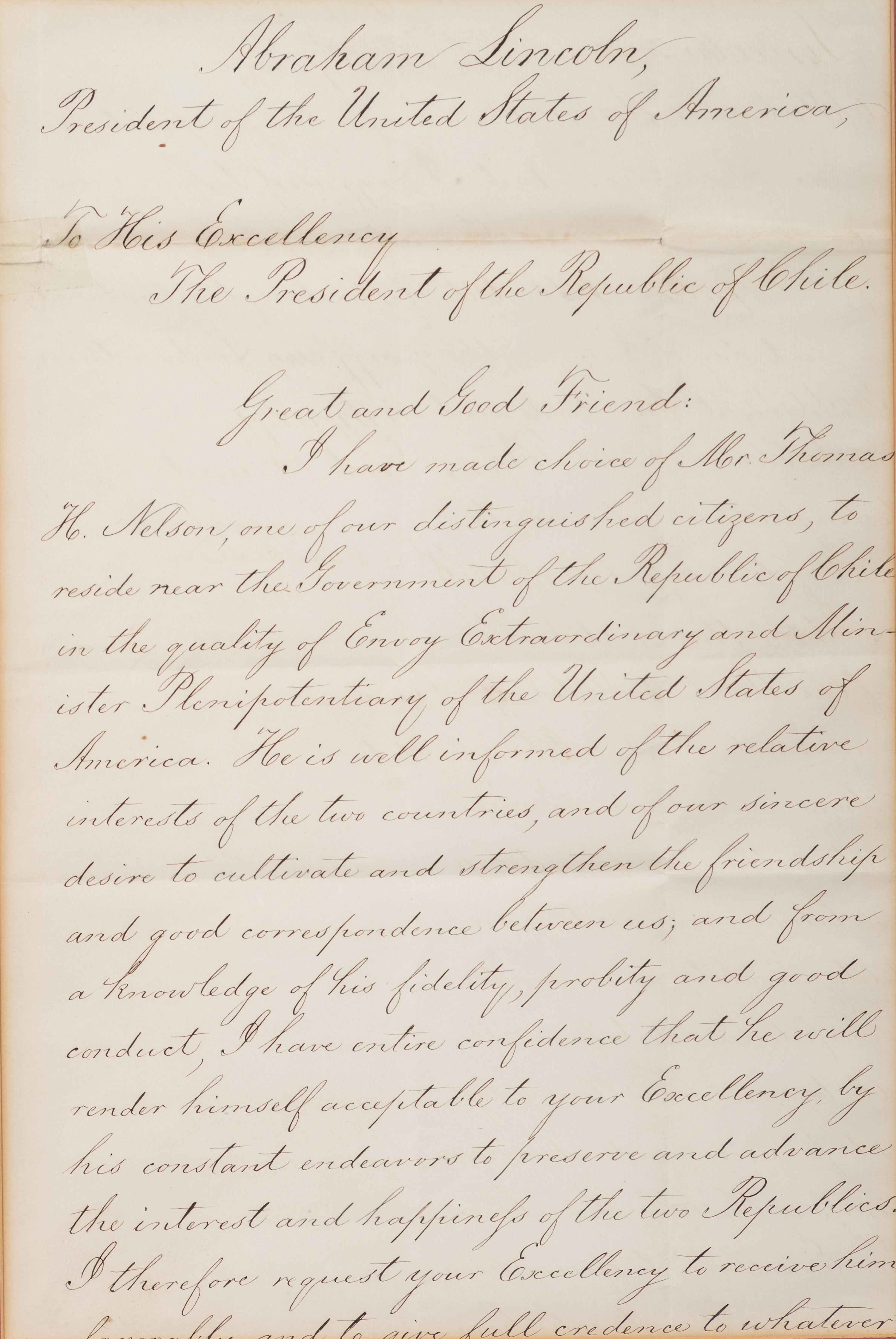 LINCOLN, Abraham (1809-1865) and William H. SEWARD (1801-1872). Document signed ("Abraham Lincoln"; "William H. Seward"), as President and Secretary of State, to the President of the Republic of Chile. Washington, D.C., 33 July 1861.